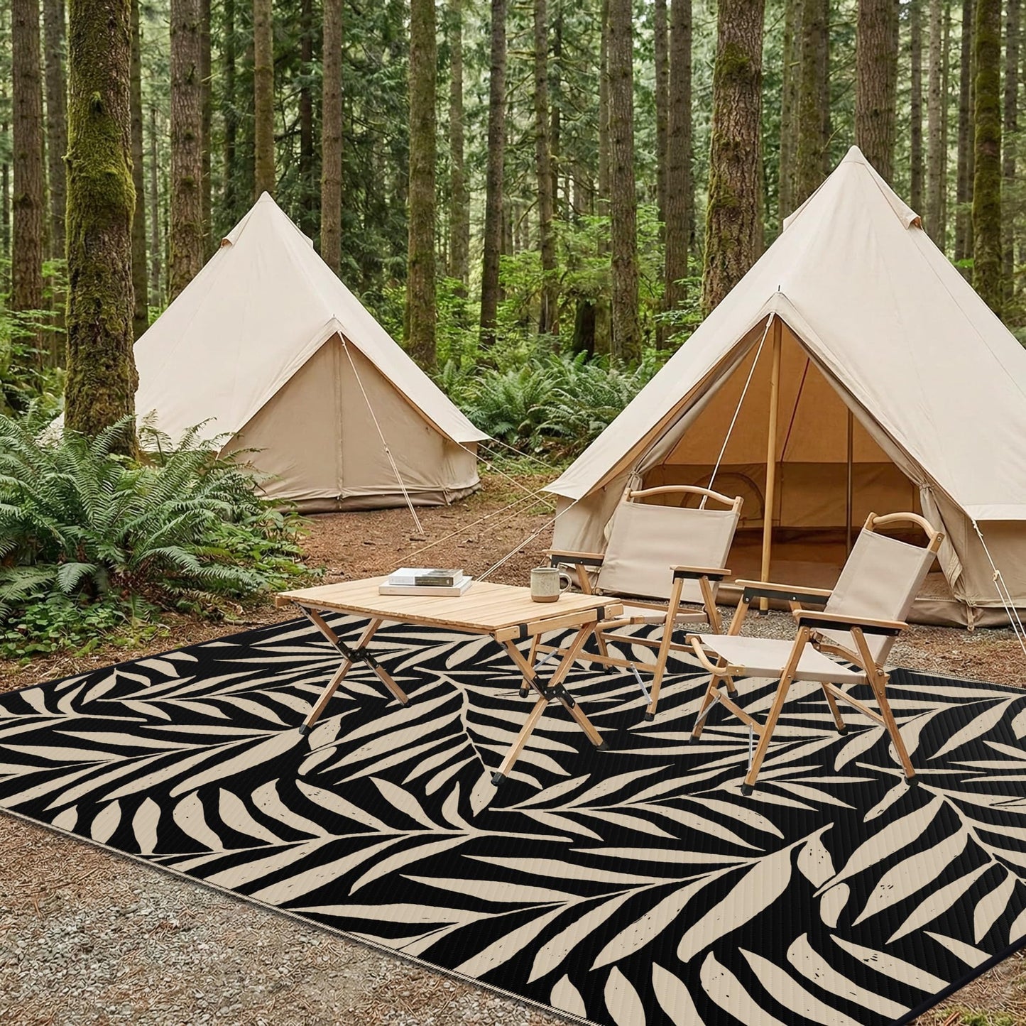 Smiry Outdoor Rug 8x10 ft, Waterproof Reversible Plastic Straw Rugs, Outdoor Area Rug with Leaf Pattern, Outside Floor Mat for Patio, Backyard, Deck, Picnic, Beach, Camping, Black & Beige