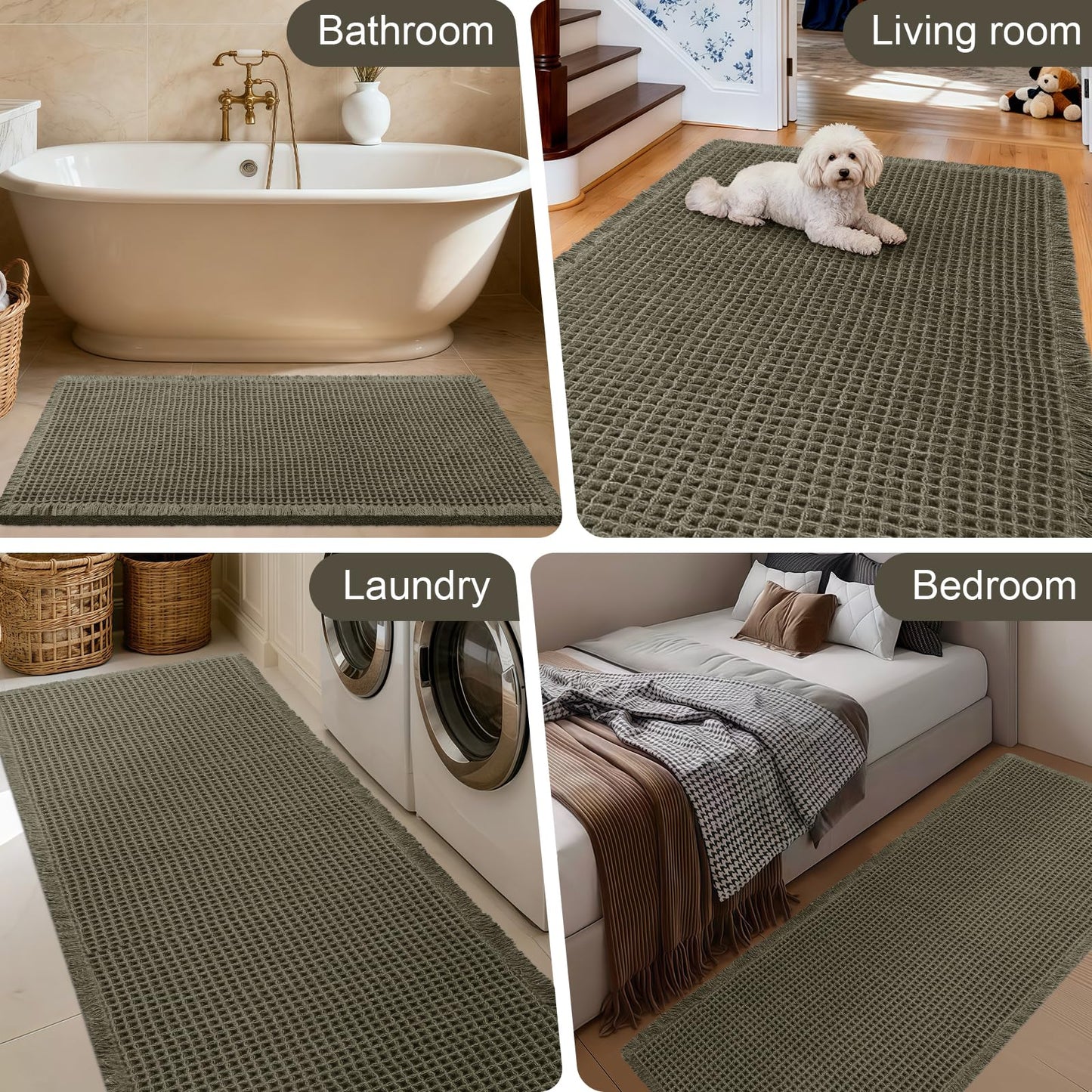 Extra Large Waffle Bath Mat, 6'x2' Greyish Green, Super Absorbent Non-Slip Quick Dry Bathroom Rugs with Tassels, Machine Washable Ultra Soft Boho Bath Rugs for Floor, Toilet Mats Boho Farmhouse Decor