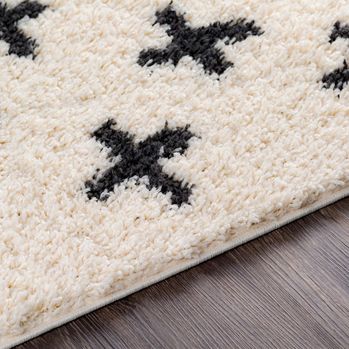 Livabliss Area Rugs - 5x7 Soft Mora Moroccan Boho Black Cream Shag Rug for Living Room Bedroom - Geometric Plush Pile Stain Resistant Bohemian Carpet for Dining Room, Nursery and Office (5'3" x 7')