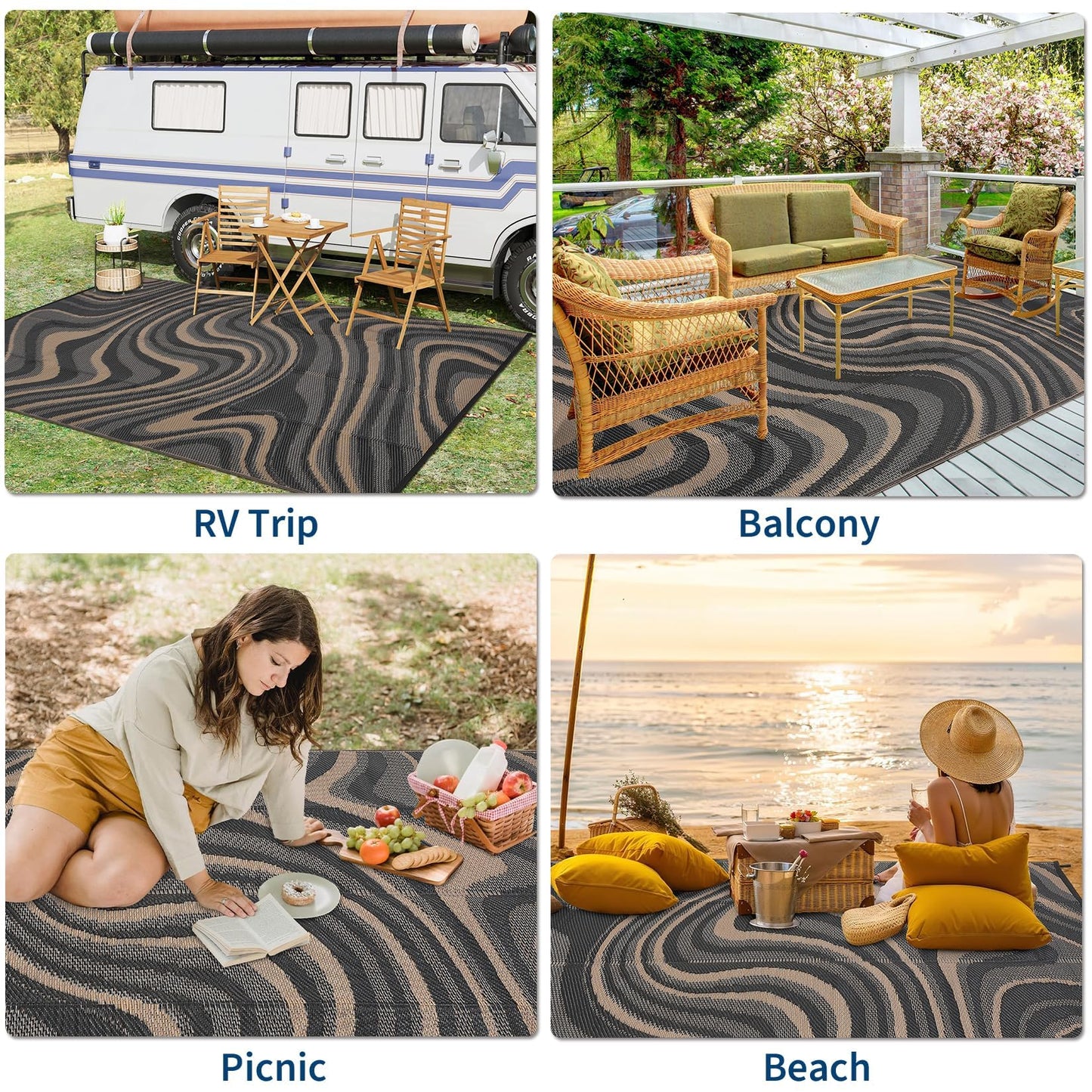 MilleLoom Patio Modern Abstarct Outdoor Rug 10x14 Waterproof Large Reversible Camping Mat Foldable Lightweight Plastic Straw Outdoor Rug for Deck, Camper, Balcony, Beach, Rv,Black/Gray/Brown