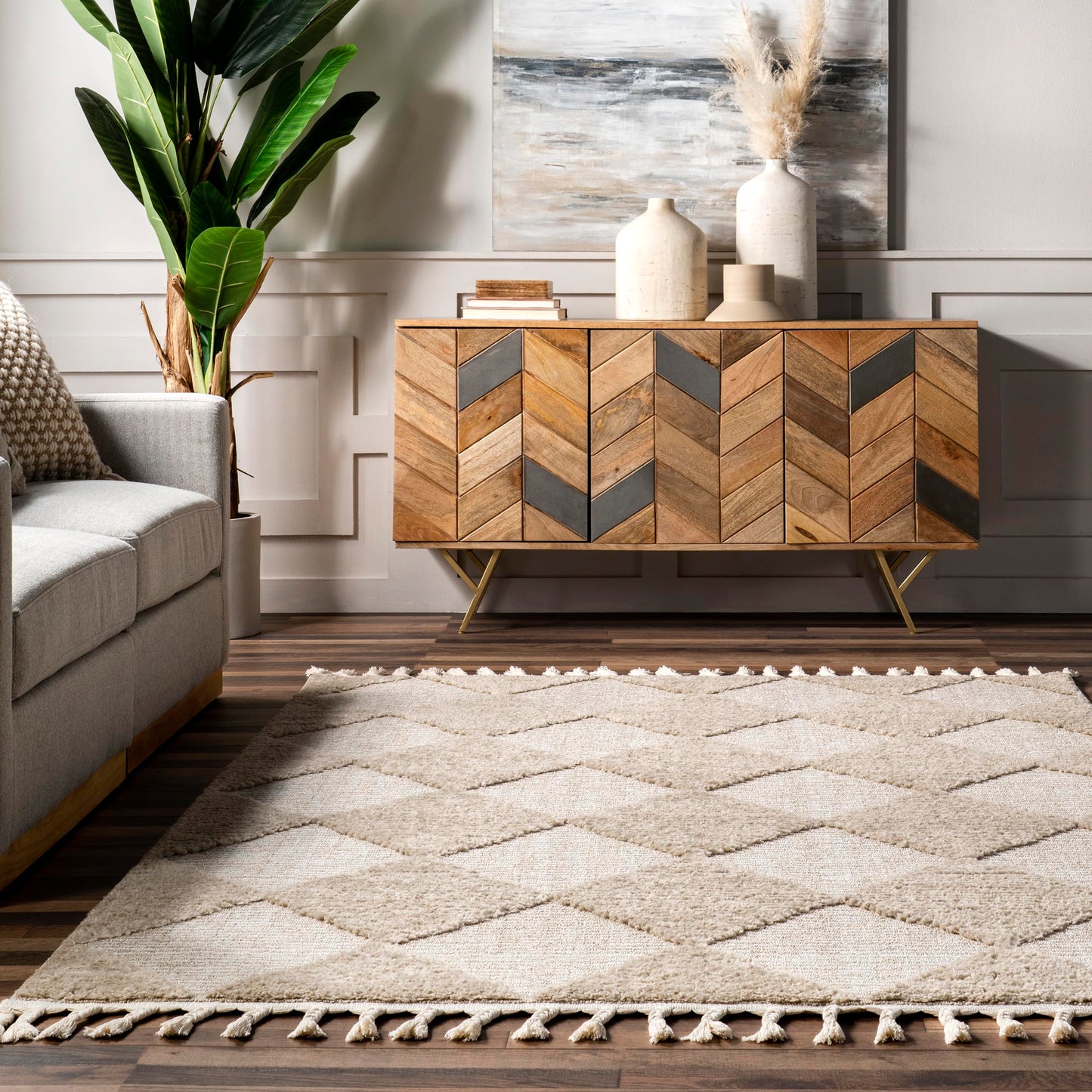 Nuloom Marissa Beige/Ivory, 5'3" x 7'6", Diamond, Tassel, Soft and Cozy, High Traffic, Stain Resistant, Easy Clean, Durable Area Rug for Bedroom, Living Room, Dining Space, Den, Foyer, Entryway