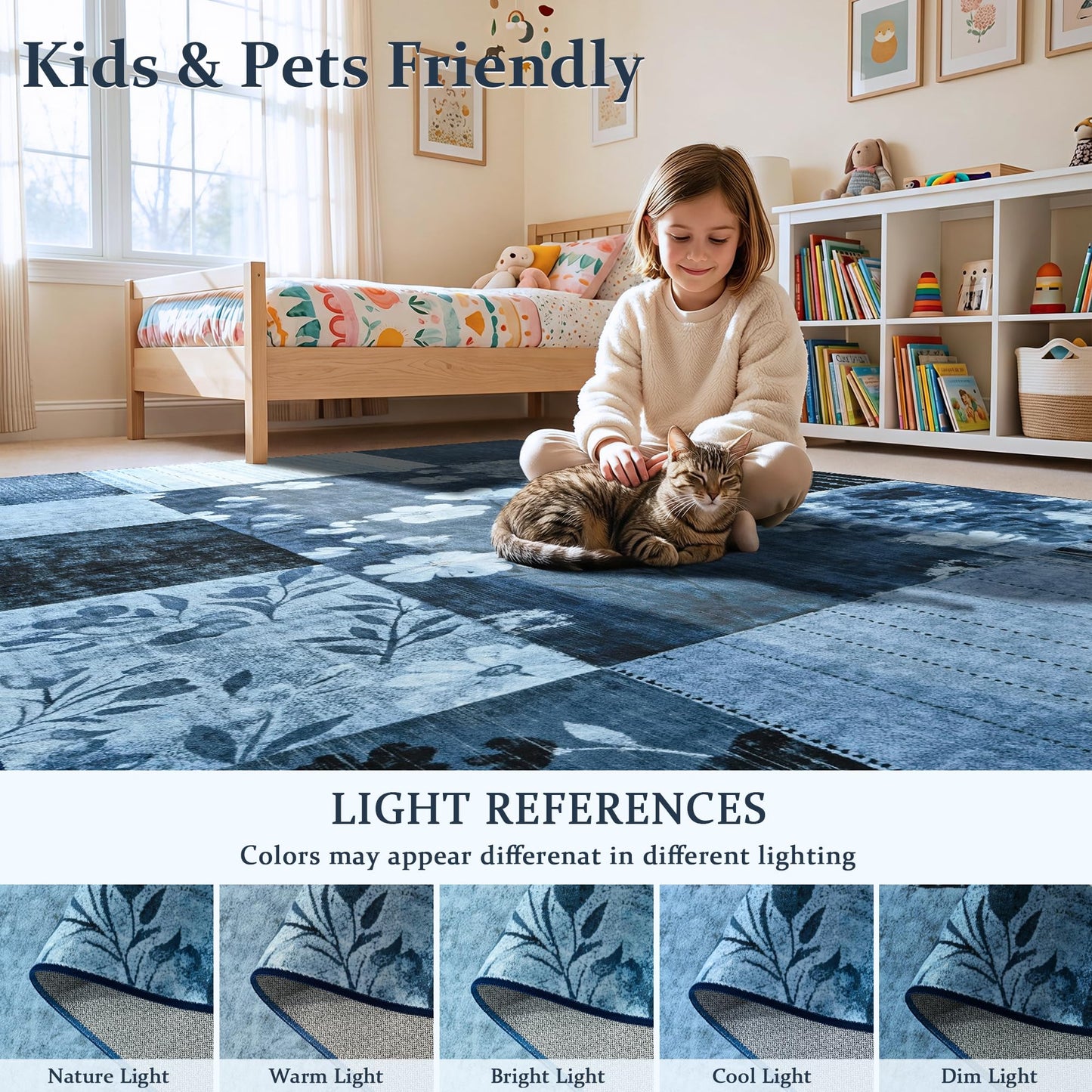FALARK Modern Area Rugs for Living Room, 4x6 Feet Geometric Patchwork Rug, Washable Non-Slip Indoor Low Pile Carpets for Bedroom Dining Room Office Playroom Home Dorm Decor, Blue