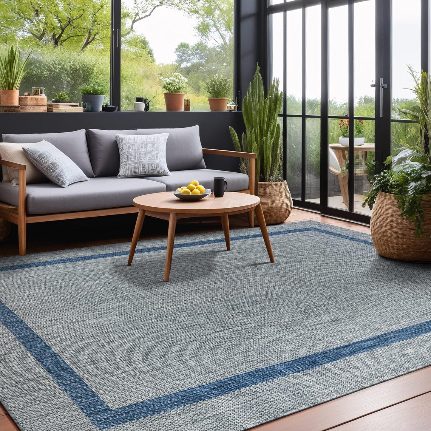 Luul Home Bordered Outdoor Rug 8x10 Washable Outside Carpet for Indoor Patio Porch Waterproof Easy Cleaning Non Shedding Area Rugs Silver Gray - Blue 8 x 10