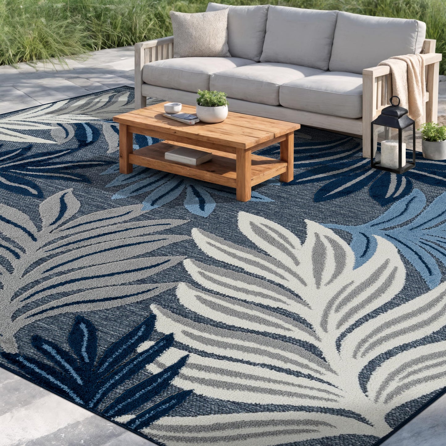 Rugshop Indoor/Outdoor High-Low Textured Area Rug, Botanical, Easy-Clean Patio Rug for Porch Deck Balcony 6' 6" x 9' Navy