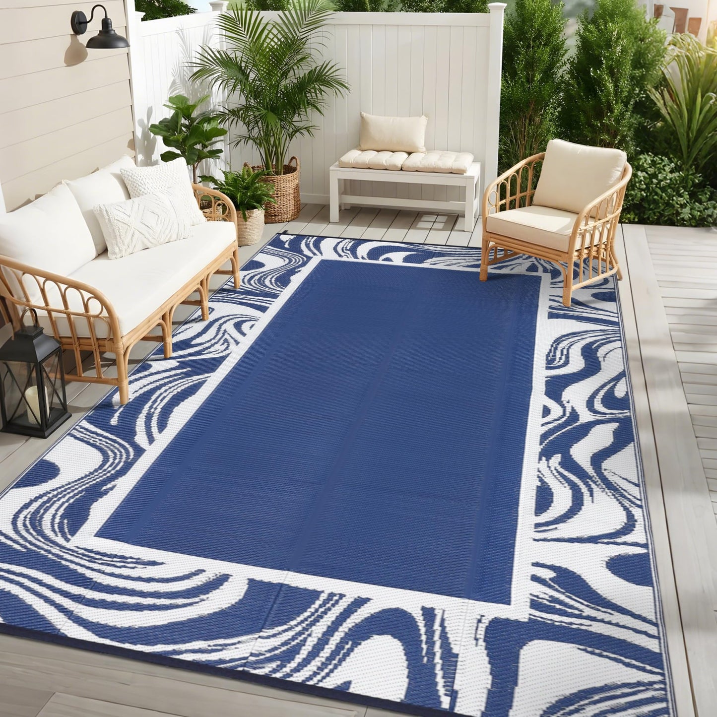 Garvee Outdoor Rug 5x8 Modern Bordered Camping Rug Foldable Plastic Straw Rugs Waterproof Abstract Reversible Large Outdoor Carpet for Patio, RV, Deck, Balcony, Backyard, Picnic, Beach, Clover,Navy