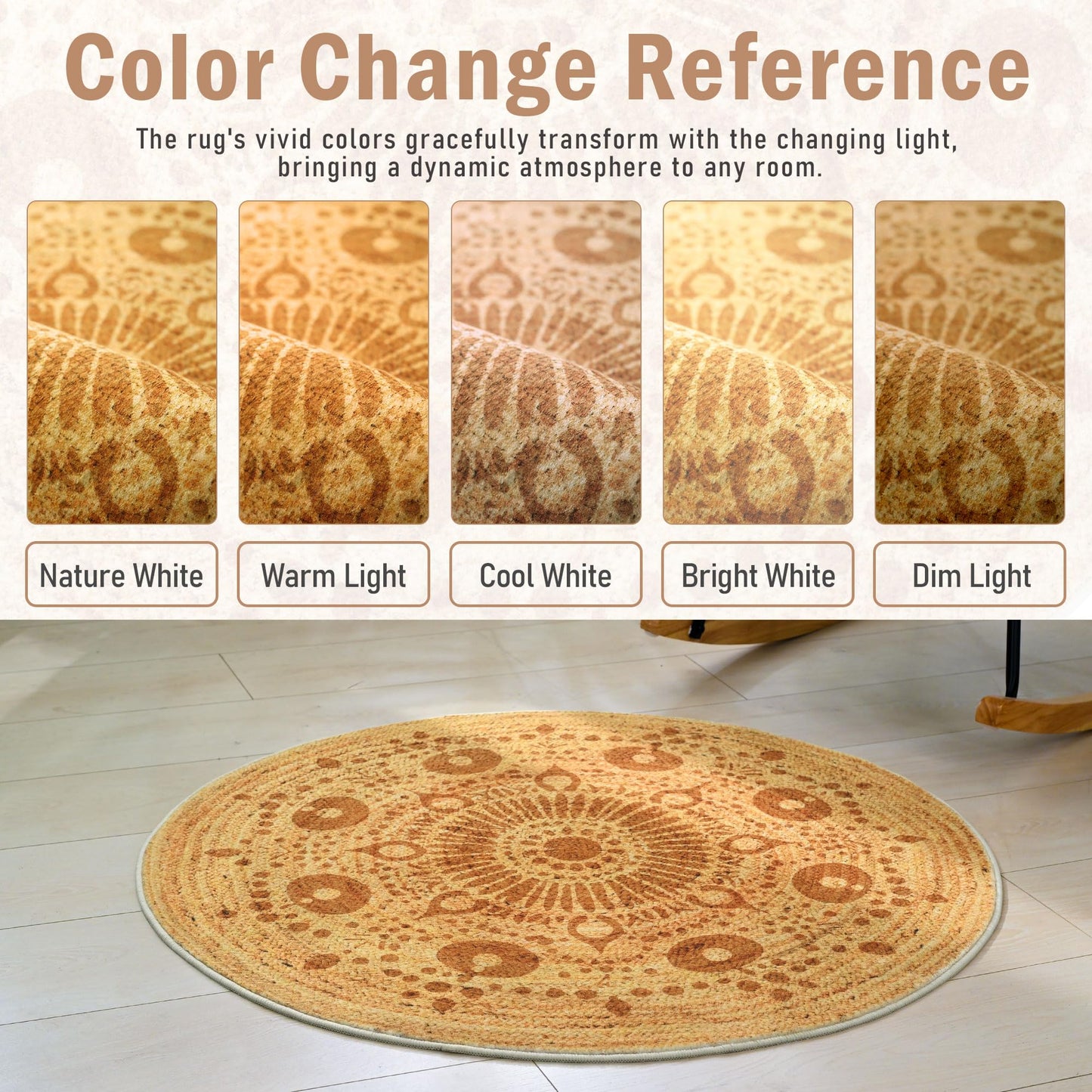 Carvapet 3ft Small Round Accent Rug - Smooth Flat Printed Faux Jute Circle Carpet, 36-Inch Low Pile Washable Skid-Resistant Floor Mat for Indoor Plant Pot Vanity Stool Pet Corner Entryway Bedside