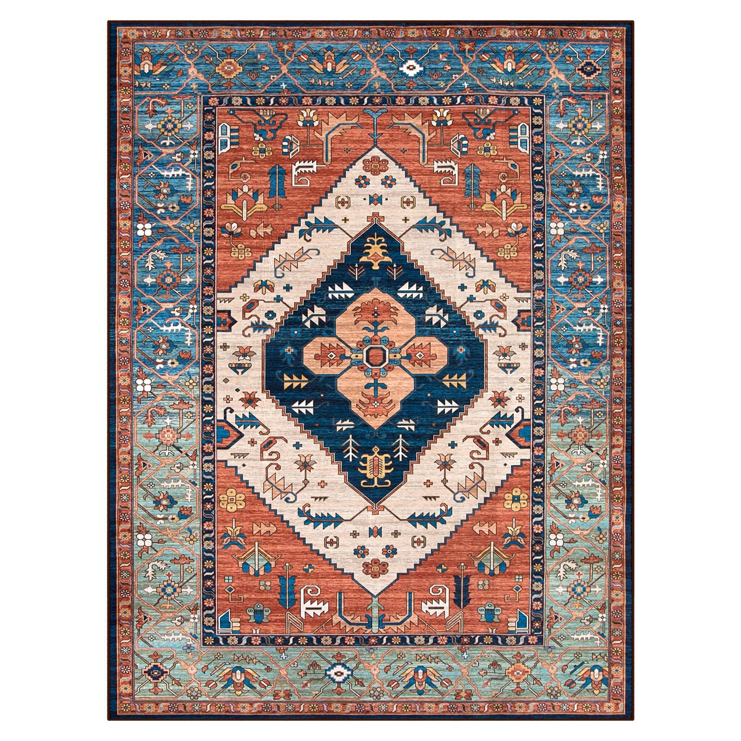 Lahome Area Rugs 9x12 Living Room - Boho Non-Slip Washable Rug Ultra-Thin Stain Resistant Large Carpet Throw Non Shedding Dining Room Mat, Oriental Print Carpet for Bedroom Adelyn (Rust, 9'x12')