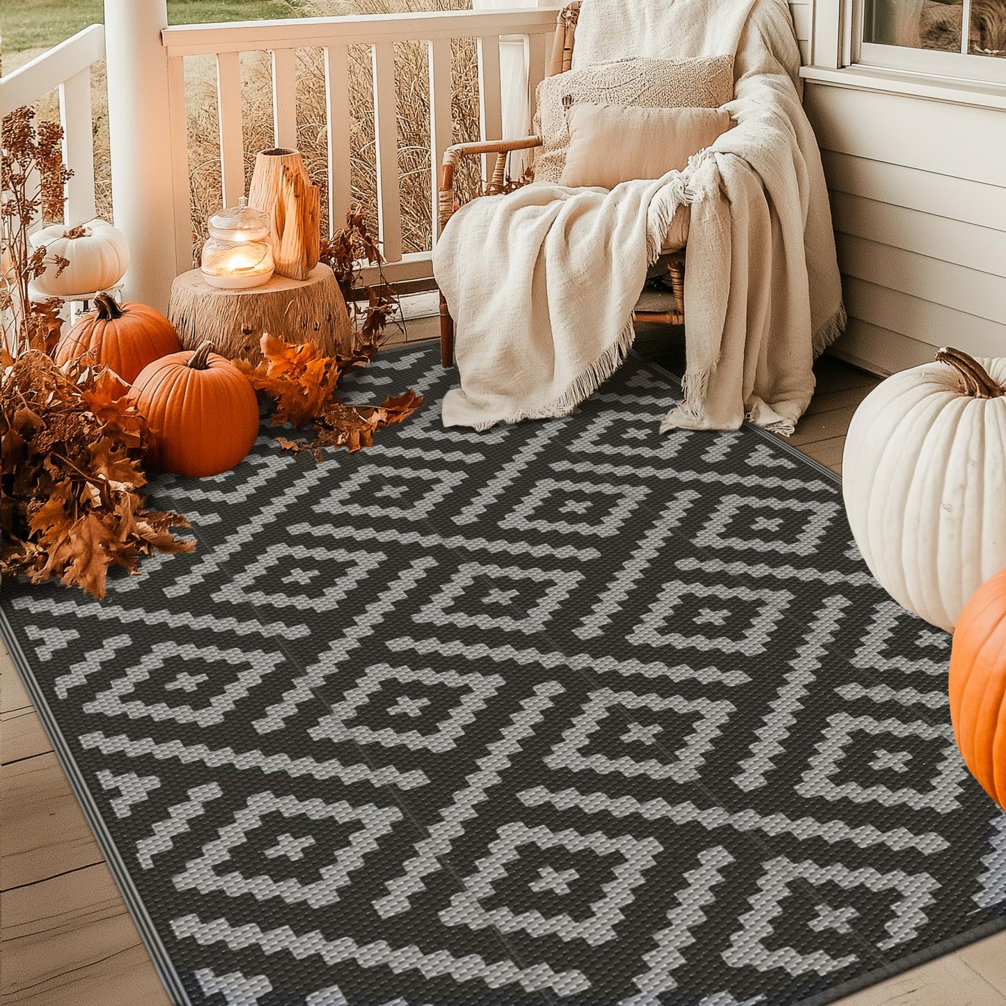GENIMO Outdoor Rugs 8'x10' Waterproof, Reversible Mats, Area Plastic Straw Rug, Outside Carpet, Geometric Rv Mat for Patio Camping Rv Picnic Backyard Deck Balcony Porch Beach Trailer (Black & Grey)