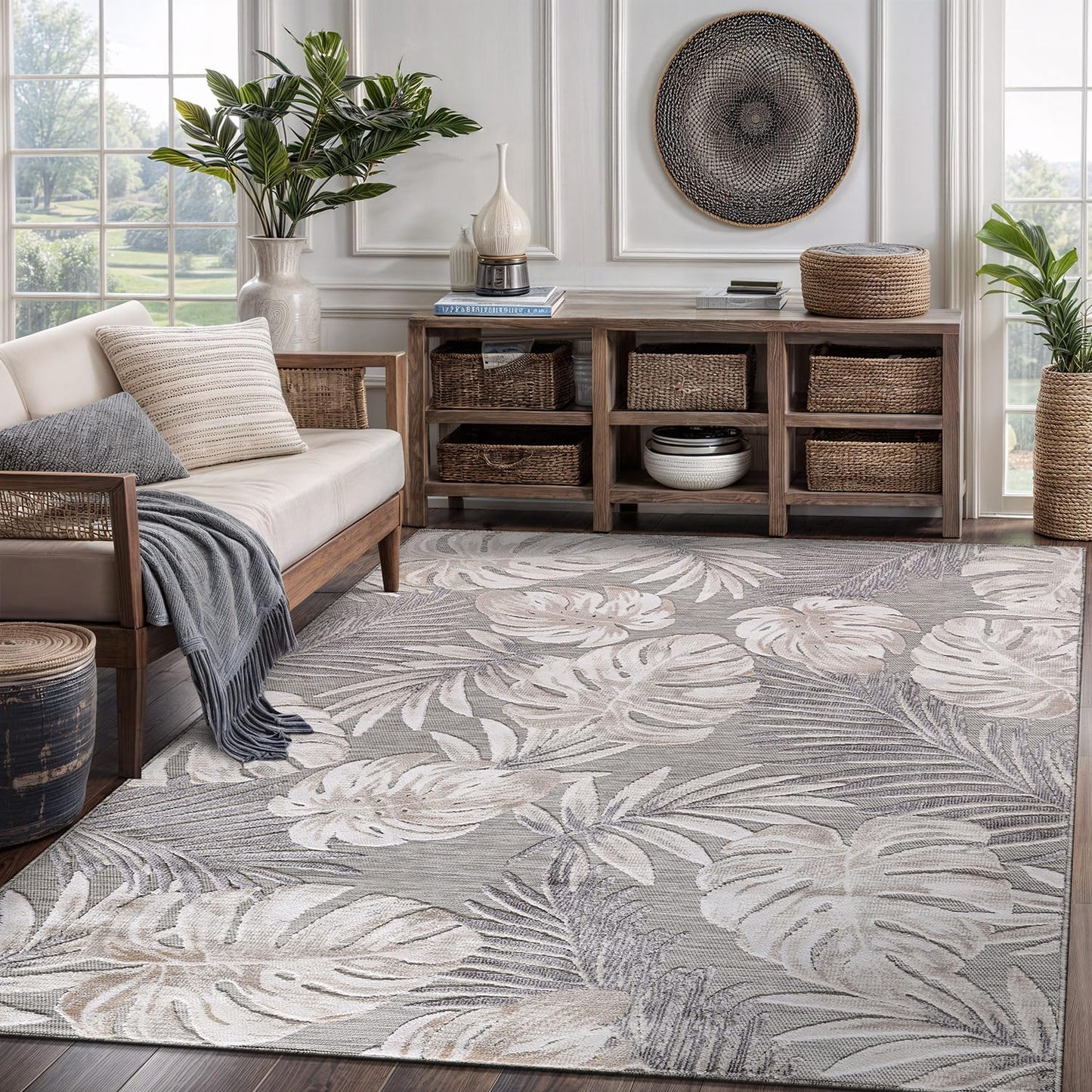 CAMILSON Indoor Outdoor Rug, Beige 5x7 Leaf Tropical Botanical Area Rugs for Indoor and Outdoor patios, Easy-Cleaning Non-Shedding Living Room, Garden and Kitchen Washable Outside Carpet (5 x 7)
