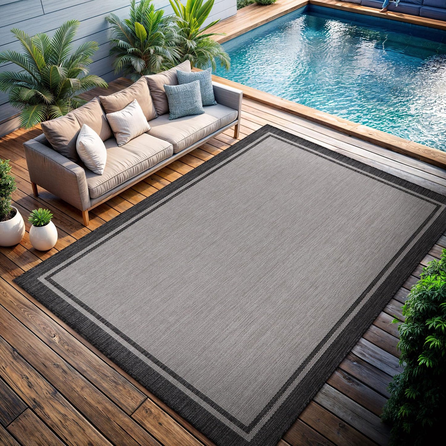CAMILSON Indoor Outdoor Rug, 9x12 Bordered Gray Modern Area Rugs for Large Indoor and Outdoor Patios, Kitchen and Hallway Mats, Washable Porch Deck Outside Carpet (Bordered Grey, 9 x 12)