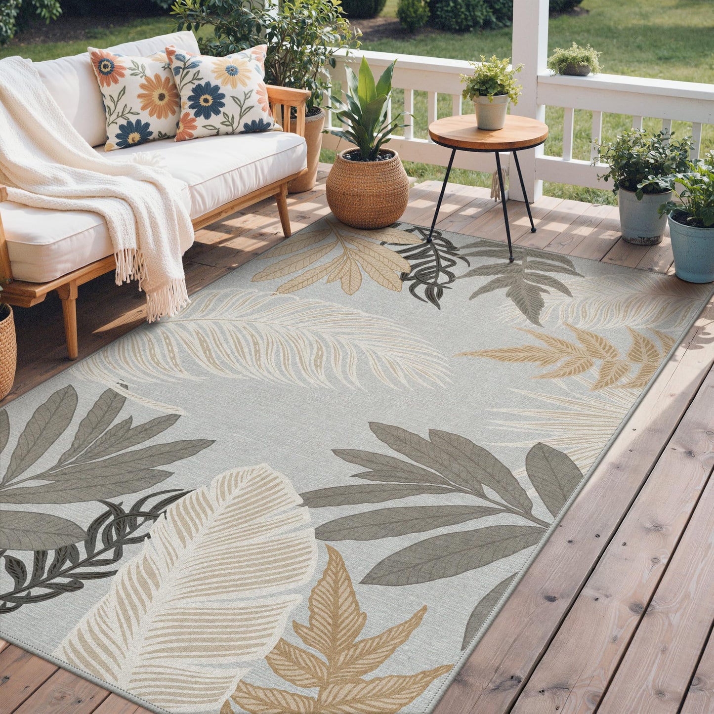 GENIMO Outdoor & Indoor Area Rug 5'x8', Waterproof, Non-Shedding, Easy Cleaning, Leaf Mat for Patio, Living Room, Balcony, Dining Room, RV, Deck, Bedroom, Camping, Outside Carpet, Sand Grey