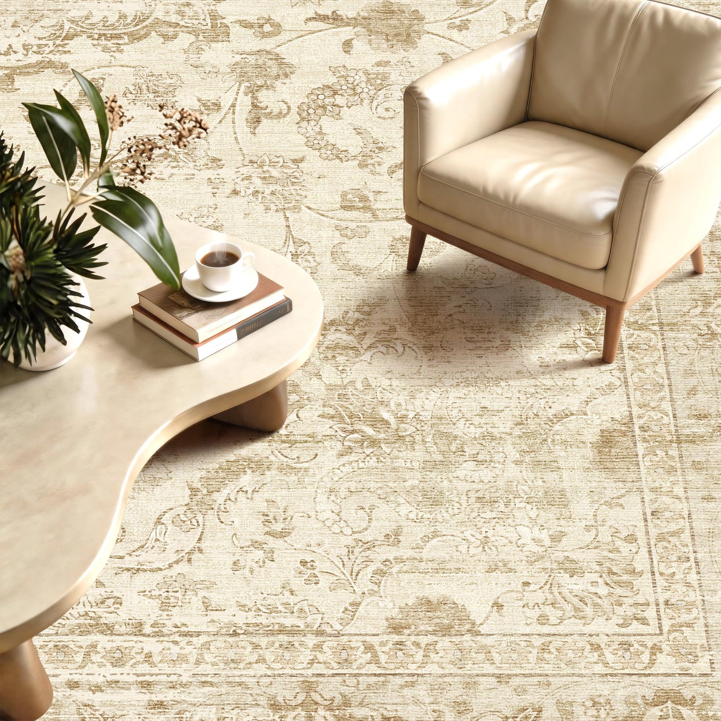 TTelephant Beige Living Room Rugs 8x10, Neutral Vintage Boho Carpet for Bedroom and Dining Room, Low Pile Nursery Indoor Area Rug with Non-Slip Silicone Backing, Non-Shedding