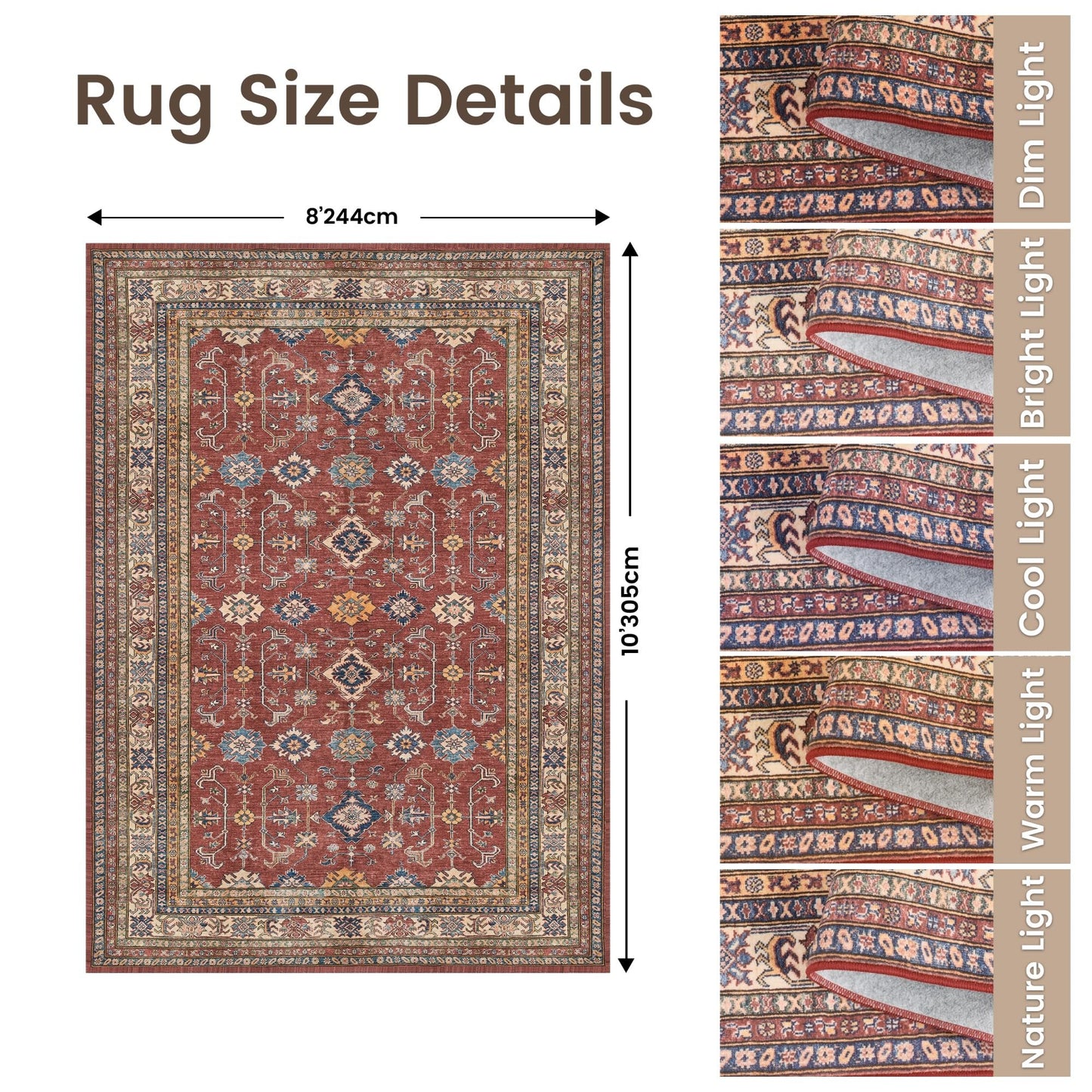 Rugland 8x10 Area Rugs - Stain Resistant Washable Area Rug, Anti Slip Backing Rugs for Living Room, Bedroom Vintage Tribal Area Rugs (8x10, Burgundy)