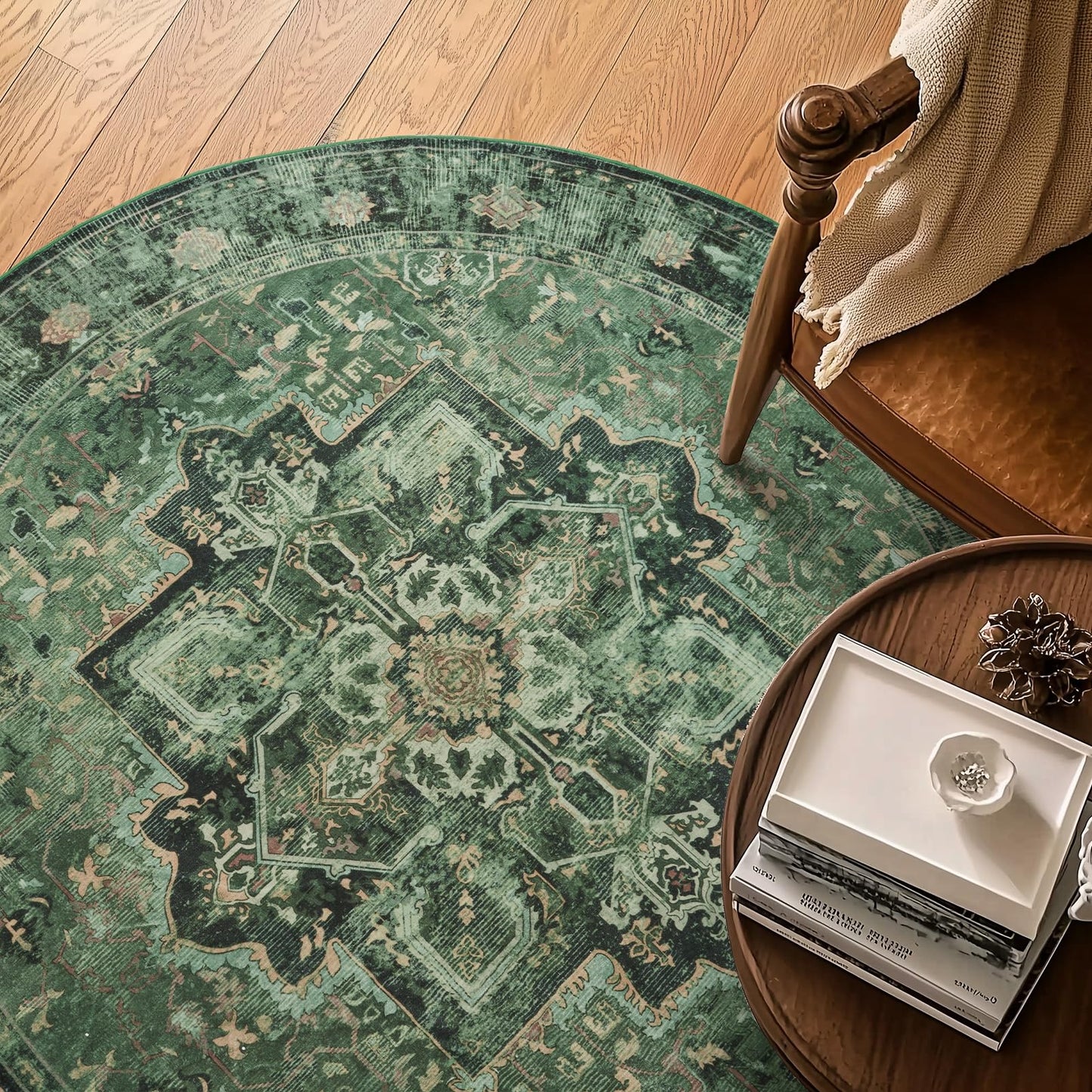 Jainmy Green Small Round Washable Rug 4ft for Entryway Low Pile, Kitchen Bathroom Circle Rug 4 Feet Non Slip Low Pile, Vintage Medallion 4 Foot Round Area Rug for Small Living Room/Dining Room/Bedroom