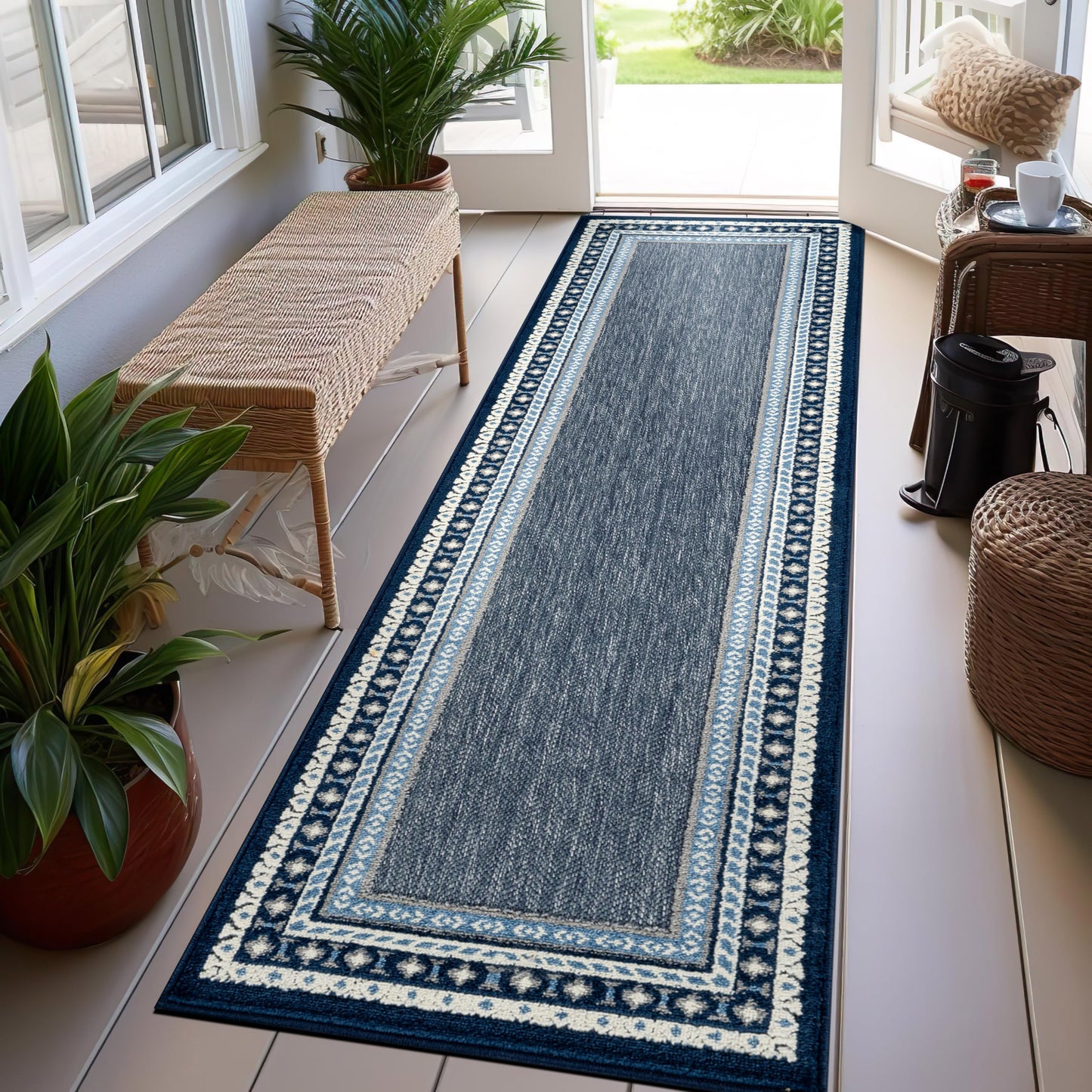 Rugshop Indoor/Outdoor High-Low Textured Runner Rug, Coastal Border, Easy-Clean Patio Rug for Porch Deck Balcony 2' x 7' Navy