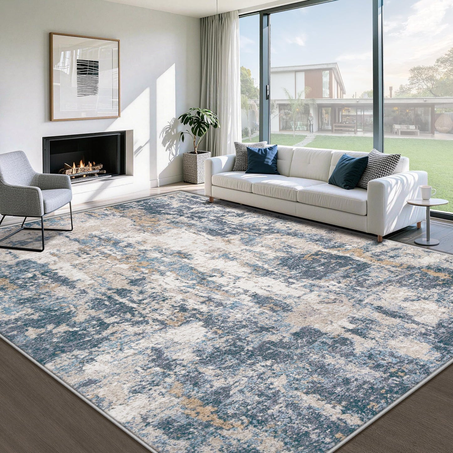 8x10 Area Rugs for Living Room: Washable Abstract Rug Modern Neutral Soft Large Indoor Rugs Non Slip Low Pile Carpet for Bedroom Dining Room Office Children's Room(Blue Brown, 8'x10')