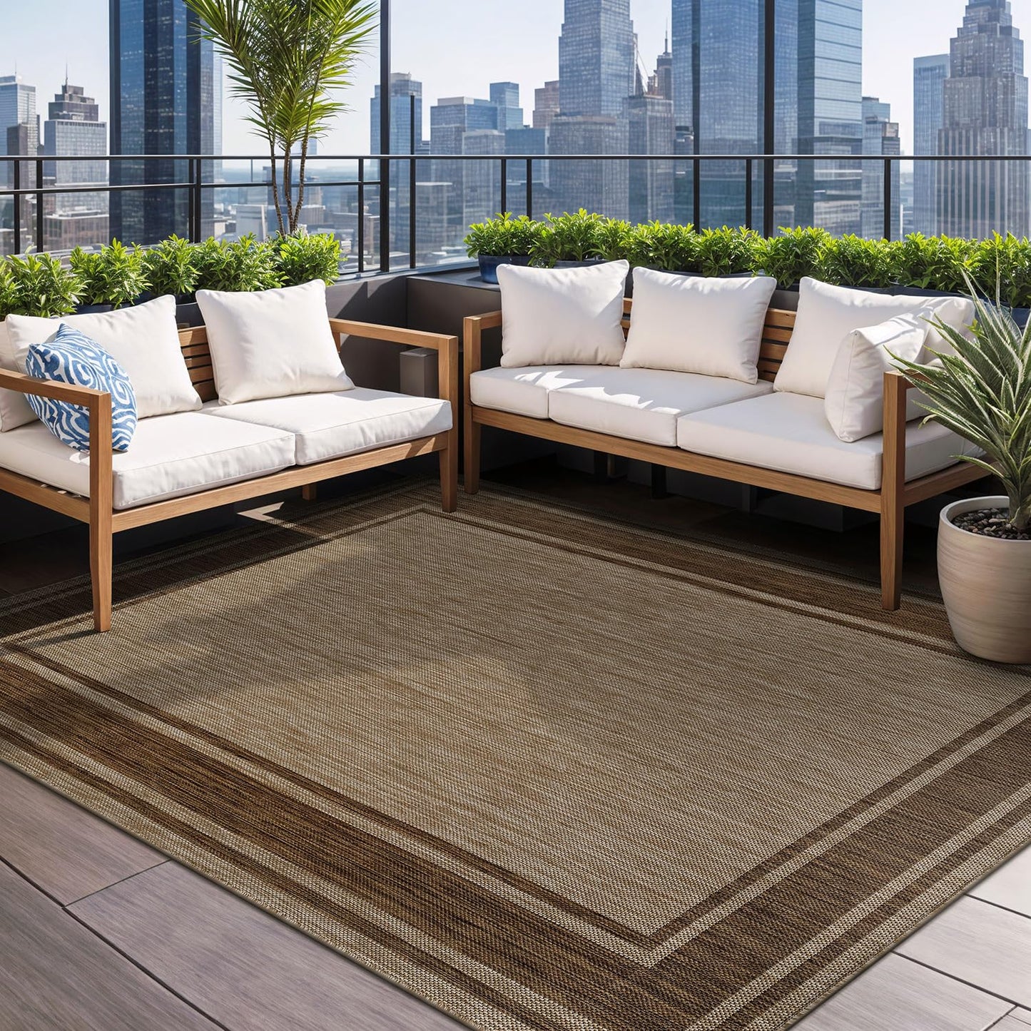 Beverly Rug Outdoor Rug 5x7 Modern Bordered Area Rugs for Indoor and Outdoor Patio Deck Porch Garden Waterproof Weather Sun Resistant Washable Outside Carpet (5 x 7 Jute)