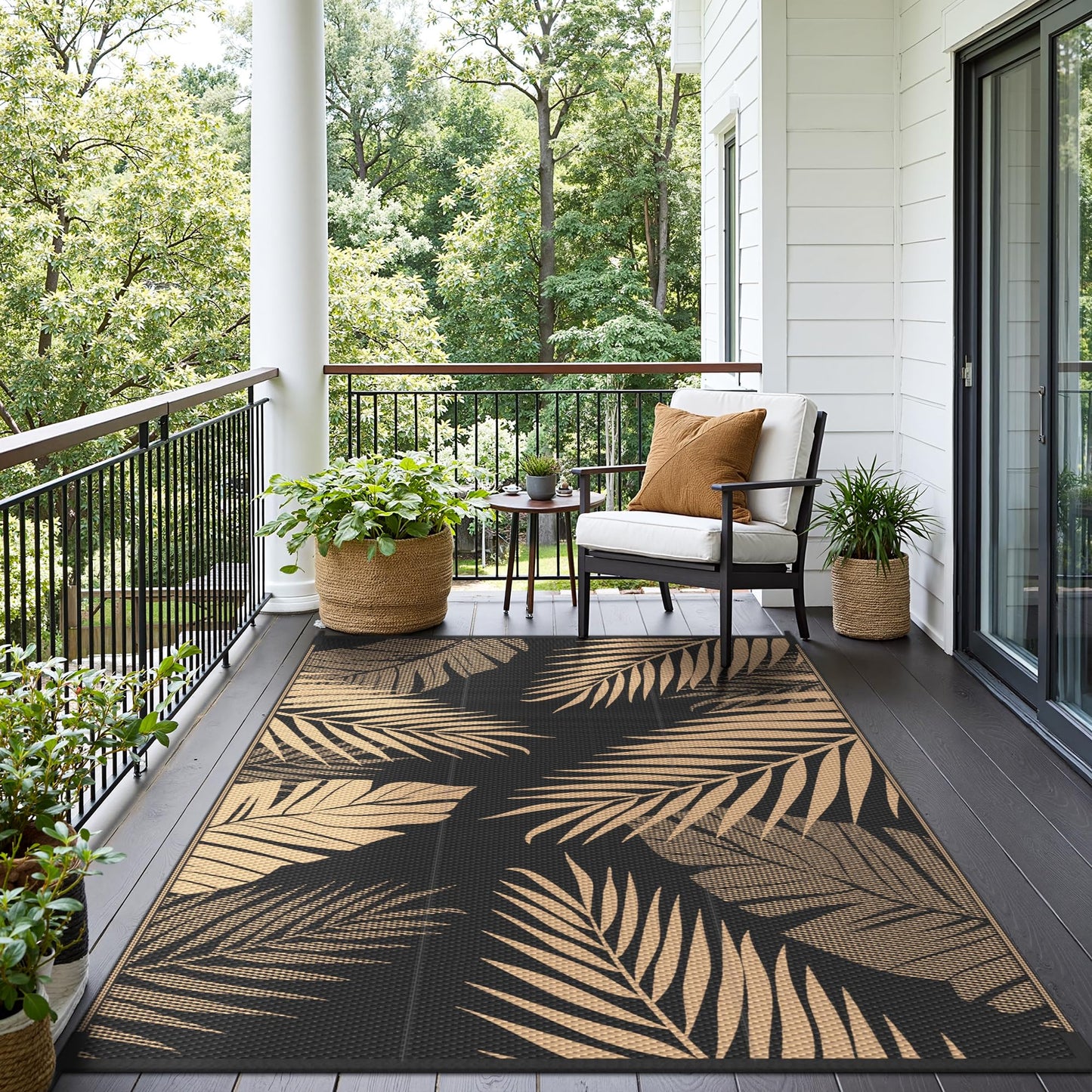 sarben Outdoor Rug 4' x 6' Waterproof for Patios Clearance, Reversible Plastic Straw Indoor Outdoor Rug for RV, Picnic, Backyard, Deck, Balcony, Porch, Beach, Black and Brown