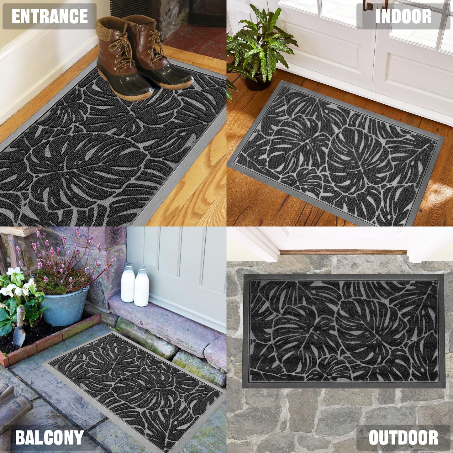 Homantic Monstera Front Door Mat Outdoor Indoor Leaf Welcome Doormat Entrance Rubber Mats for Patio Waterproof Entry Entryway Easy Clean Floor Mats Black 30"x17"
