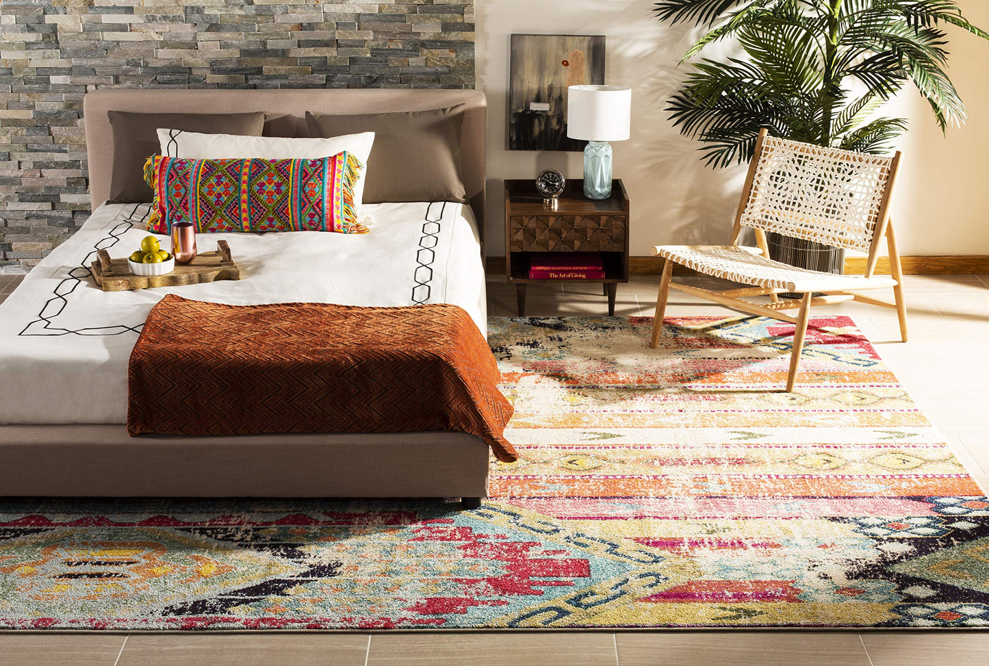 SAFAVIEH Monaco Collection Area Rug - 8' x 11', Multi, Boho Chic Tribal Distressed Design, Non-Shedding & Easy Care, Ideal for High Traffic Areas in Living Room, Bedroom (MNC222F)