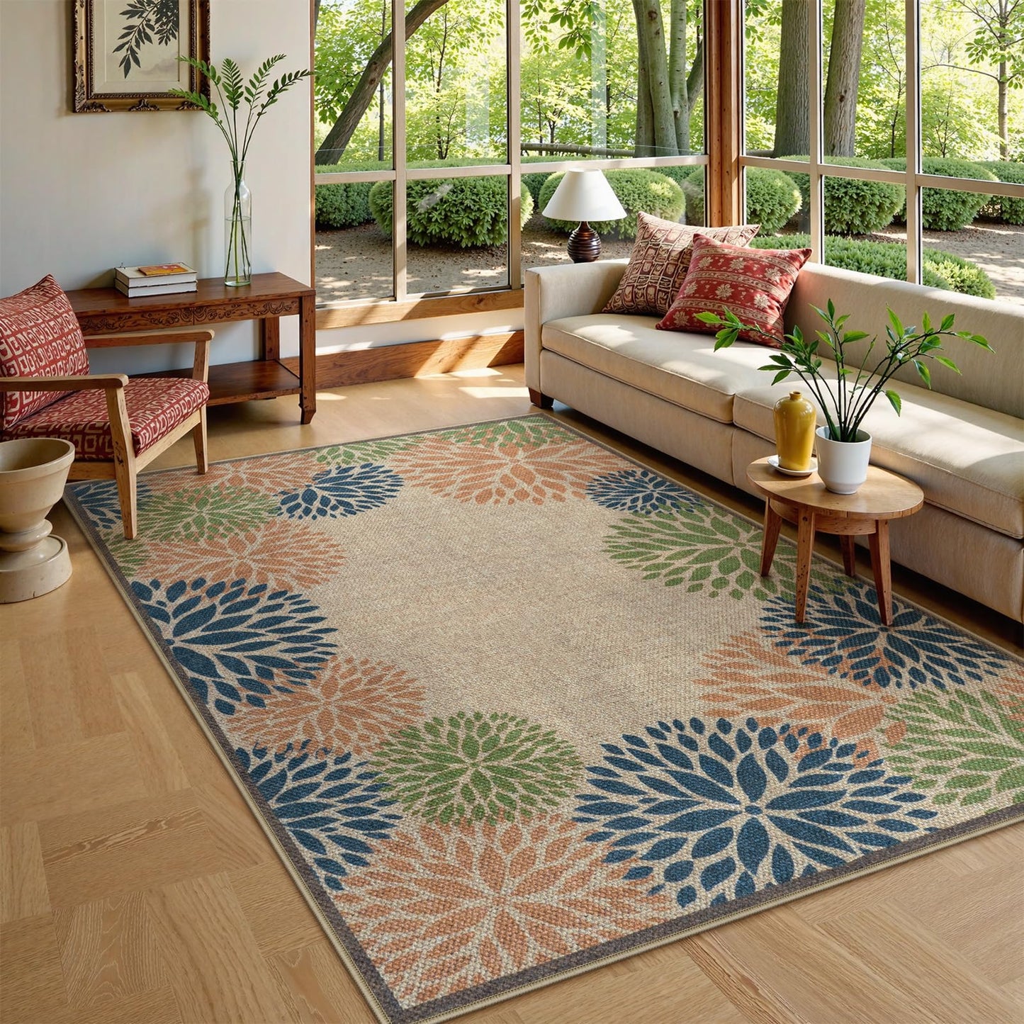 LIVEBOX Modern Easy Jute 5x7 Outdoor Rug, Washable Area Rugs for Living Room Patio Tropical Floral Indoor Outdoor Rug, Boho Farmhouse Non Slip Carpet for Backyard Foyer Dining Room(Olive, 5'x7')