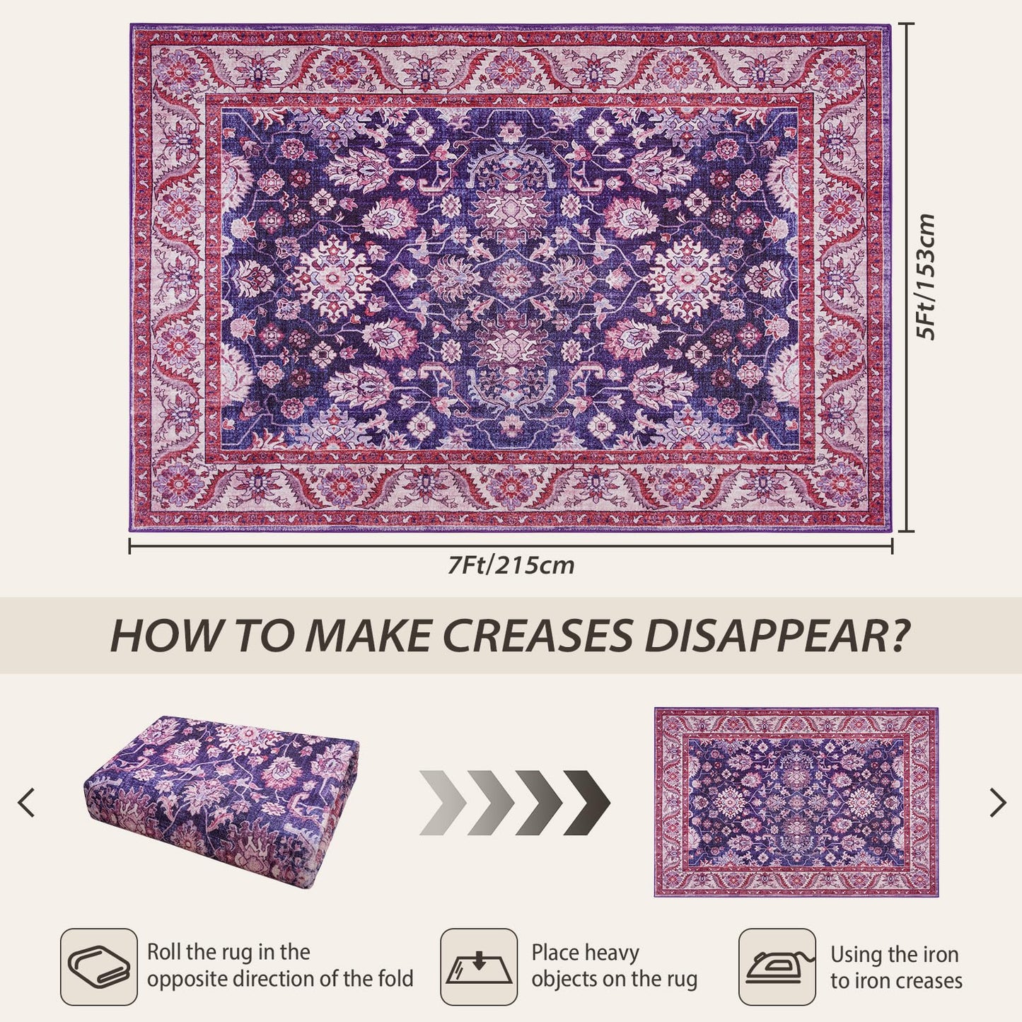 Rtizon Purple Area Rugs for Living Room, Washable 5x7 Area Rug for Bedroom, Retro Floral Carpet with Non-Slip Rubber Backing for Girls's Beside Dorm Home Office Dining Room Kitchen, Blue and Purple
