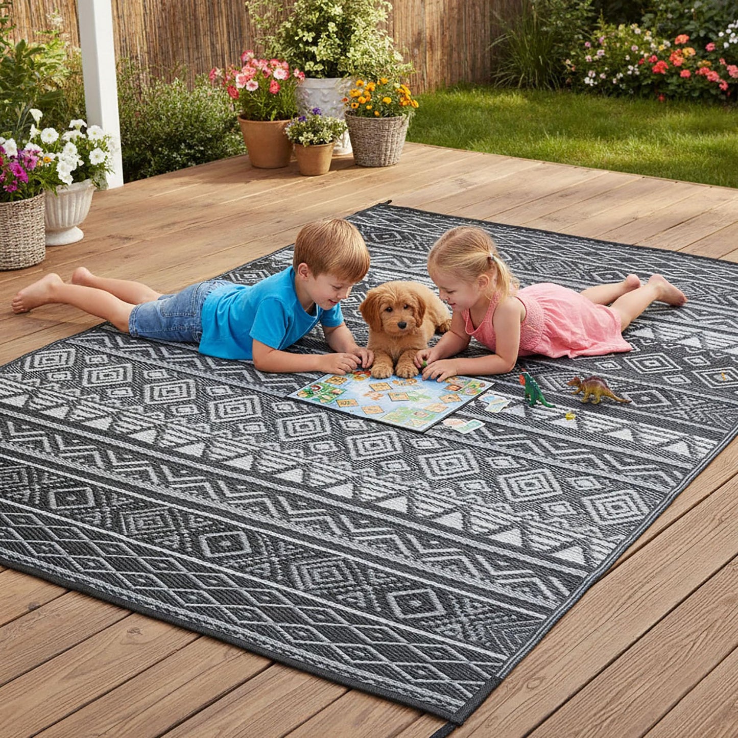 RURALITY Outdoor Rugs 5'x8' Waterproof for Patios Clearance,Plastic Straw Mats for Backyard,Porch,Deck,Balcony,RV,Black&Grey