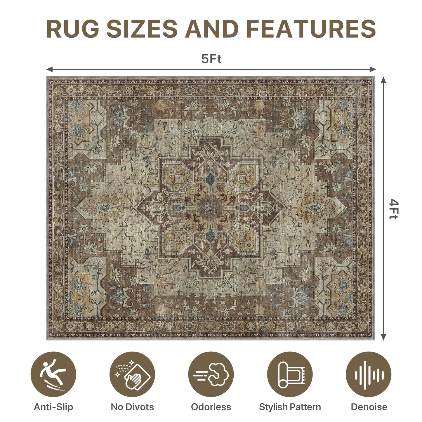 48"x60" Office Chair Mat for Hardwood Tile Floor, Under Desk Carpet Protector for Rolling Computer Chair Mat, Machine Washable Area Rug, Anti-Slip 1/5" Thick Low Pile Thin Vinyl Floor Mat, Brown
