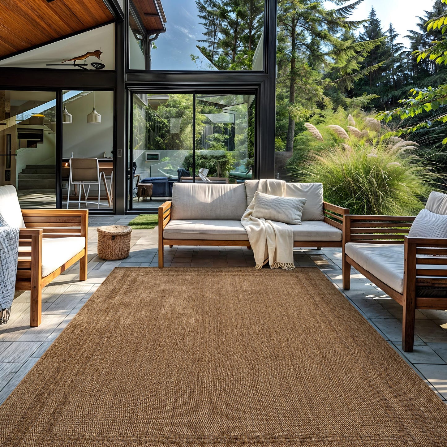 Rugshop Border Stripe Indoor Outdoor Flat Woven Area Rug,Natural Jute-Style,Easy-Care Patio Rug for Backyard Porch Deck Balcony, 7'10" x 10' Natural/Jute