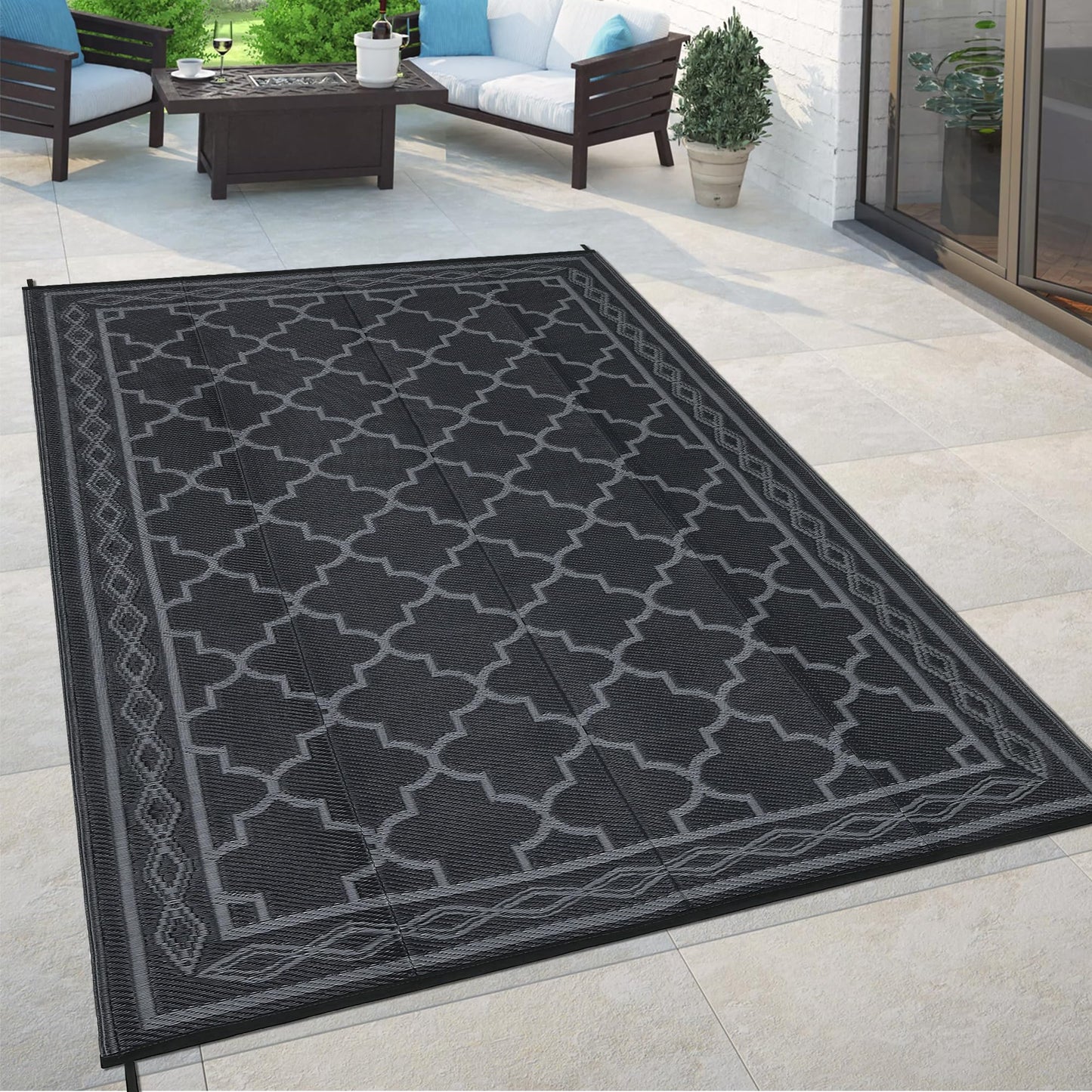 GarveeHome 9x12 Outdoor Rug for Patio Reversible Camping Carpet Waterproof Plastic Straw Rug,Foldable Area Rugs Mats for RV, Picnic, Backyard, Deck, Balcony, Porch, Beach, Black/Grey