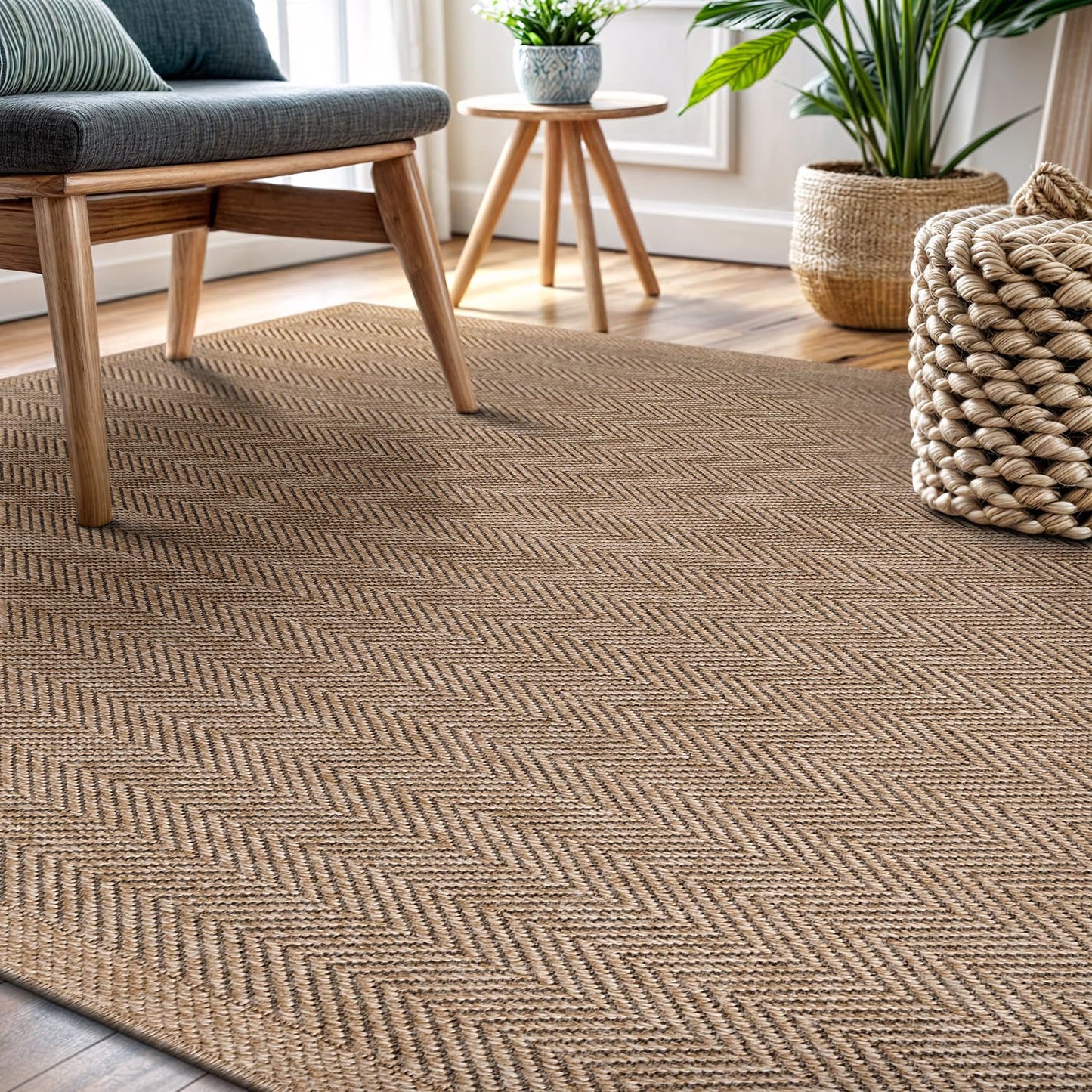 CAMILSON Easy Jute Rug 6x9, Indoor Outdoor Natural Color Fiber Area Rugs for Living Room Patio and Bedroom Rug Herringbone Seagrass Woven Design Easy-Cleaning, Washable Outside Carpet Alfombras 6 x 9
