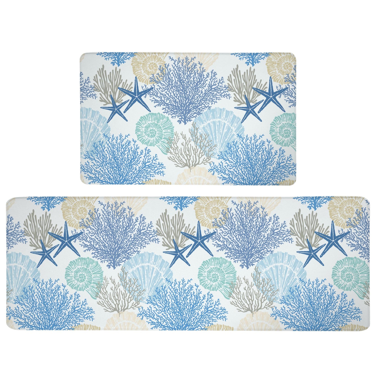 Tritard Coastal Beach Theme Kitchen Mats Rugs Set of 2 Anti Fatigue Kitchen Mats for Floor Memory Foam Cushioned Waterproof Non Slip Comfort Standing Mat for Sink Laundry, Blue, 17.3"x 28"+17.3"x 47"