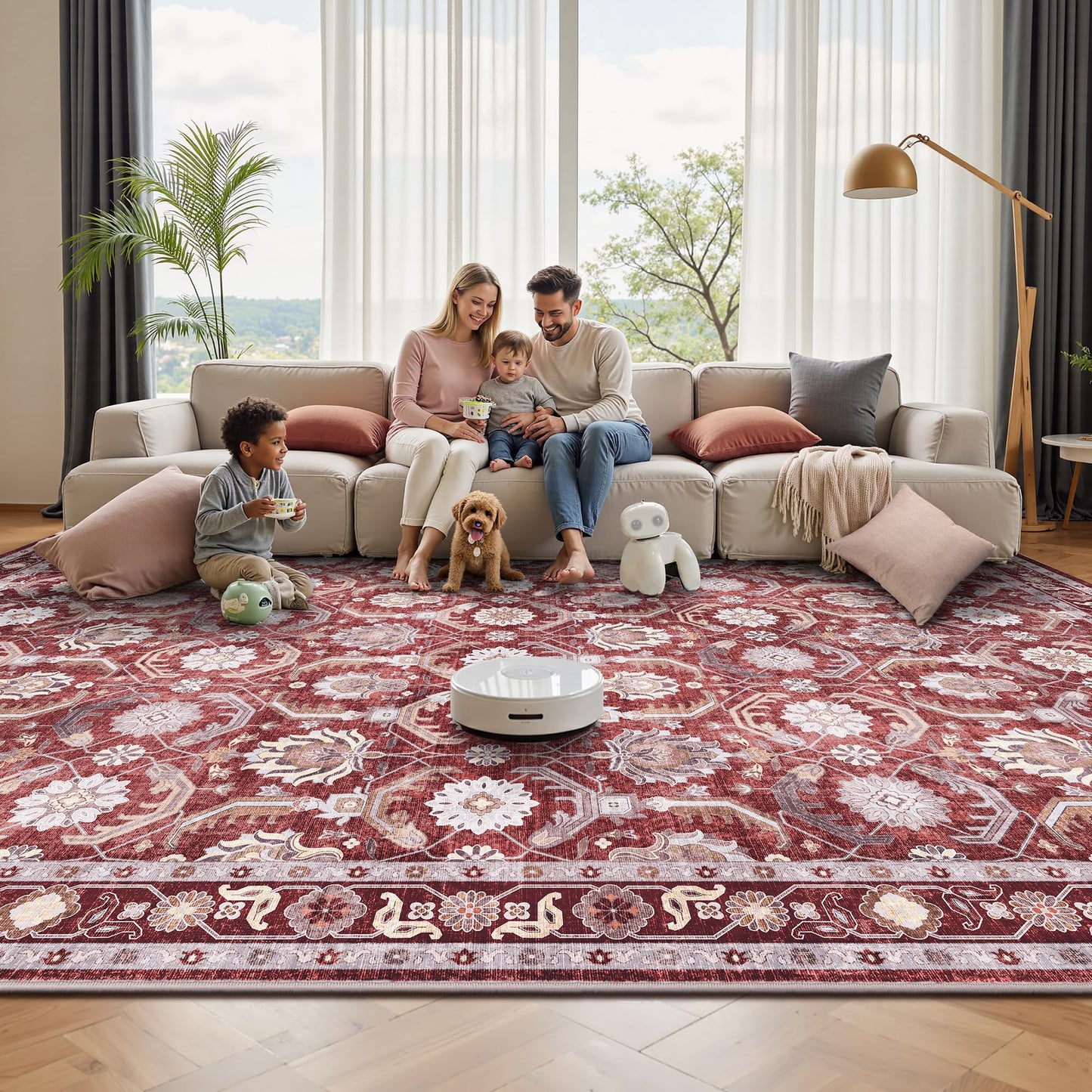 Woodbruy 5x7 Area Rugs, Soft Non Slip Low Pile Washable Rug, Boho Modern Rug for Living Room, Bedroom, Dining Room, Red