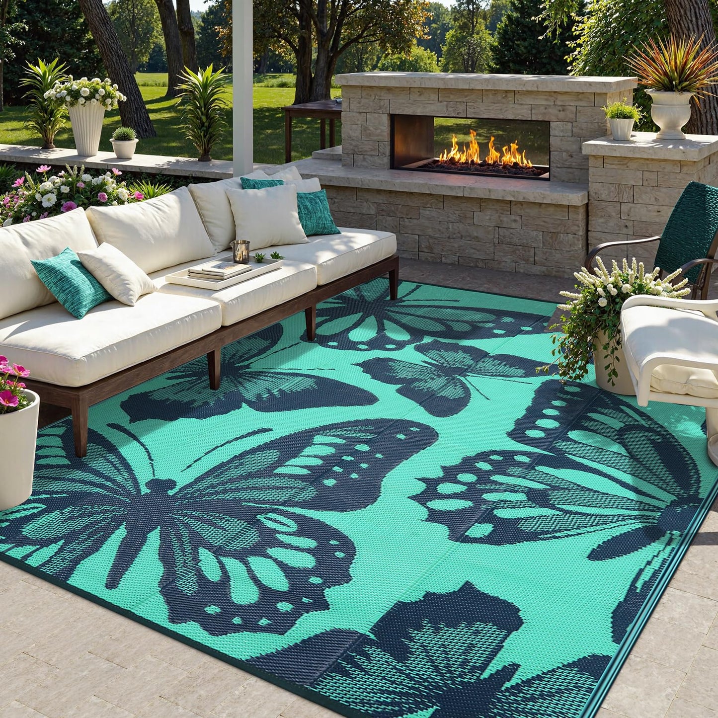 Uphome Outdoor Rug Waterproof 8x10 ft, Patio Plastic Straw Rugs for RV Camping, Reversible Mat Outside, Indoor Outdoor Large Floor Carpet for Back Yard Deck Balcony Porch Beach Picnic, Teal