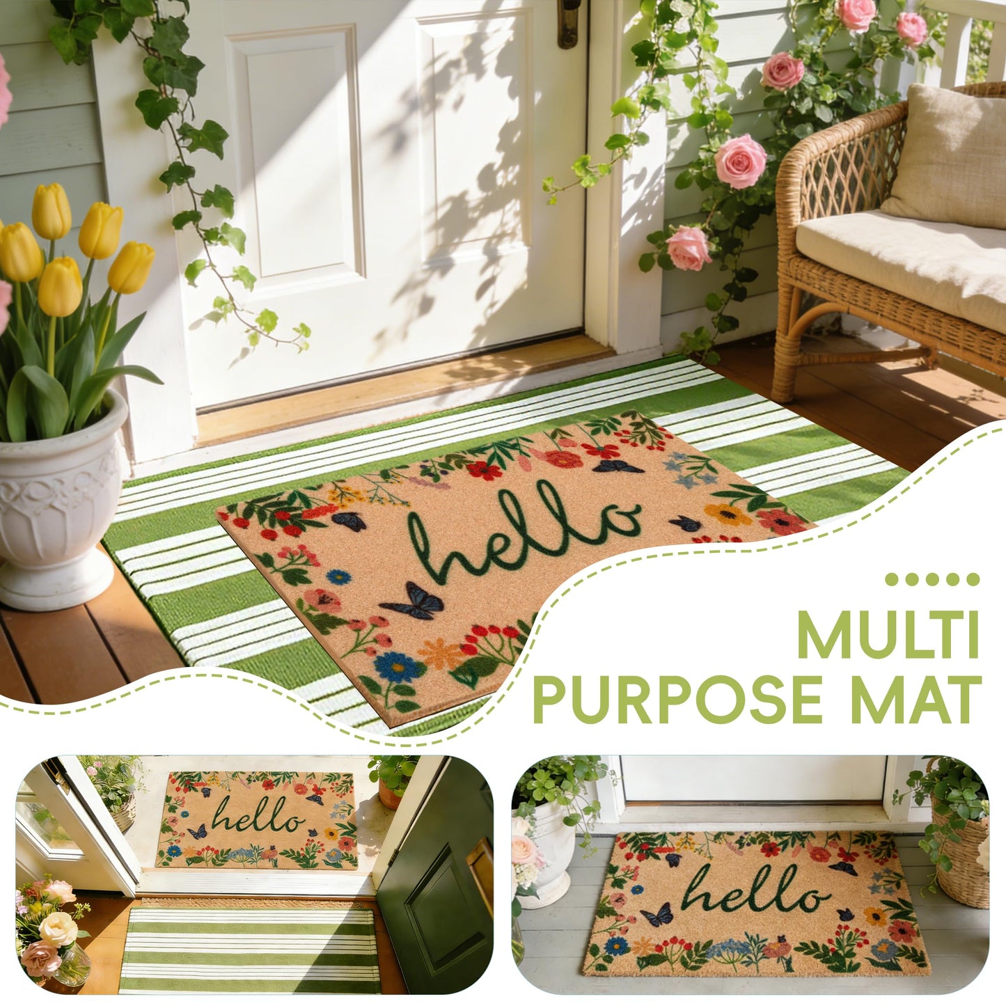 TIKIRUGI Front Door Mat Set, 2-Piece Spring Floral Hello Welcome Doormat