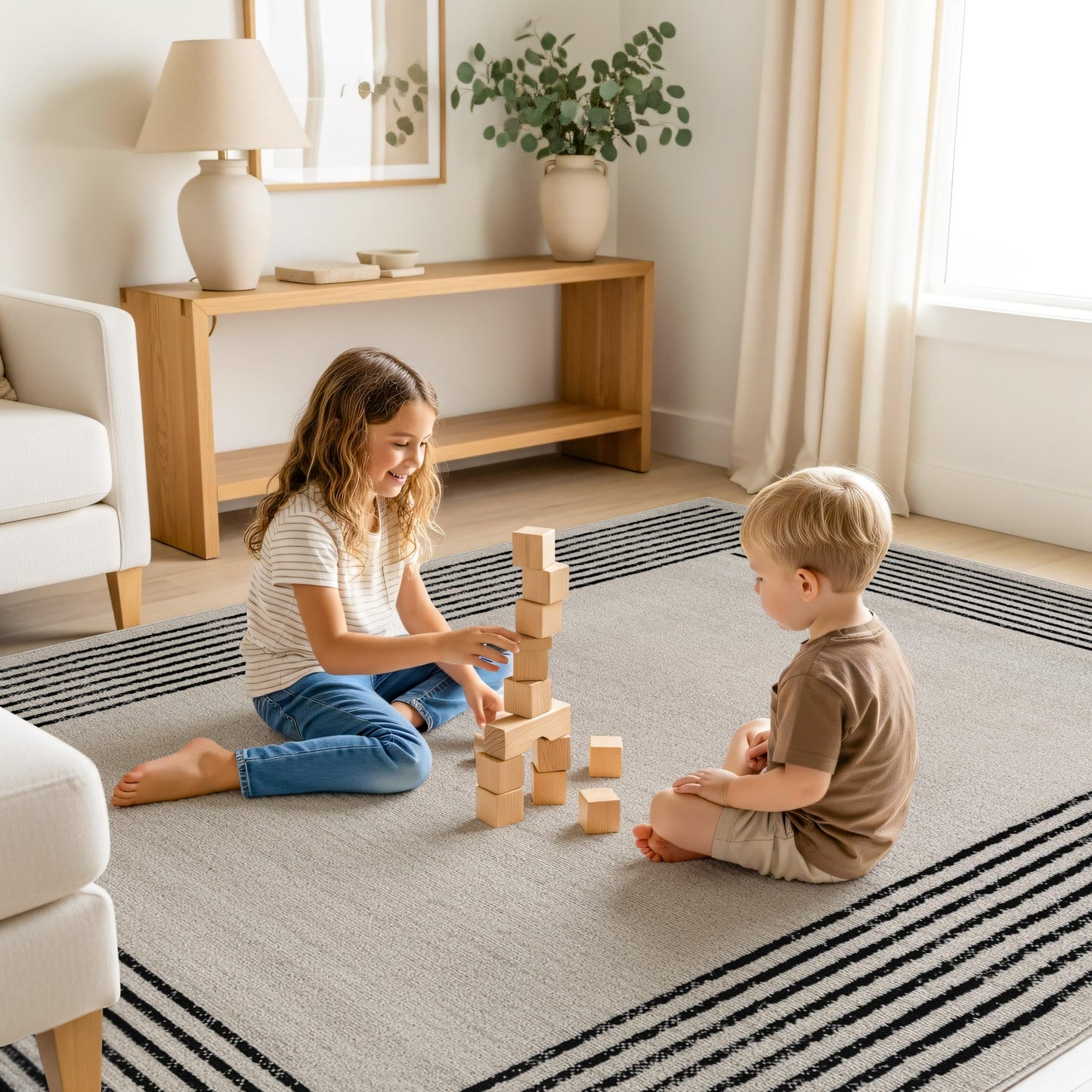 Rugshop Modern Minimal Bordered Indoor Area Rug for Entryway,Bedroom,Kitchen Rug Low Pile Rug with Jute Backing 4' x 6' Cream