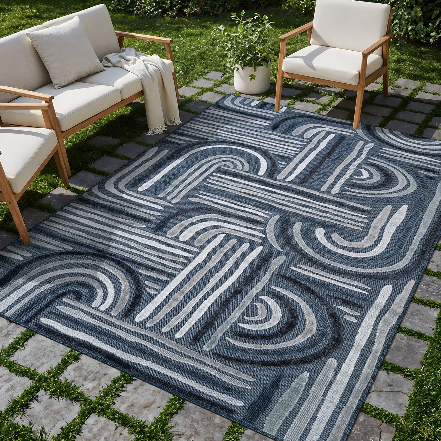 CAMILSON Indoor Outdoor Rug, Navy Blue 6x9 Geometric Arch Striped Area Rugs for Patio and Home Areas, Easy-Cleaning Non-Shedding Living Room, Garden and Deck Washable Outside Carpet (6 x 9)
