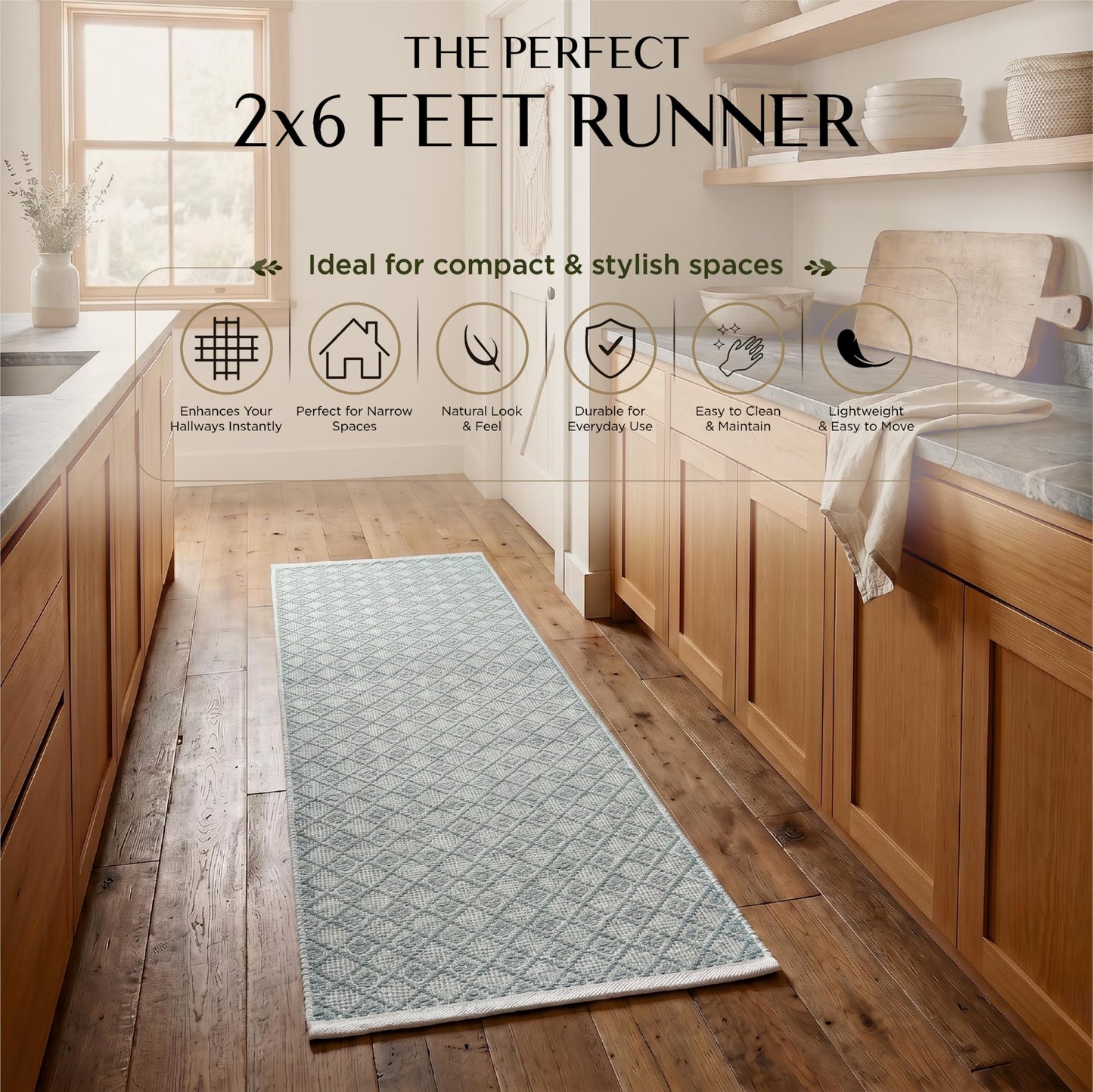Cotton Diamond Woven Runner Rug 2x6 Feet - Spa Grey, Anti Slip Farmhouse Geomatric Home Patio Décor Runners Ideal for Hallways, Office, Kitchen | Soft Washable Bedroom Space Decorative Floor Boho Mats
