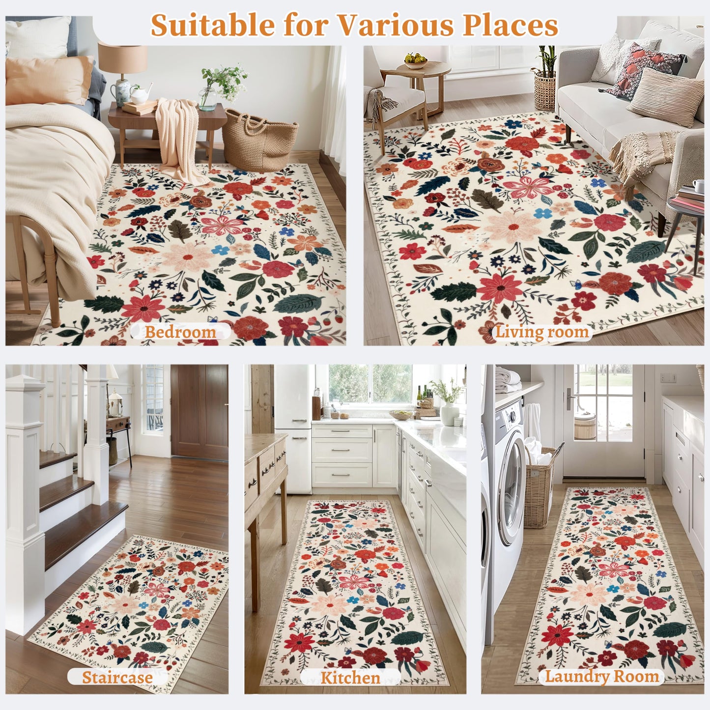 Tangsoo 2x3 Small Area Rug for Entryway, Non Slip Machine Washable Boho Floral Entry Rug, Soft Low Pile Throw Rugs Door Mat Indoor Entrance Floor Carpet for Bedroom Kitchen Bathroom, Kids Room(Beige)