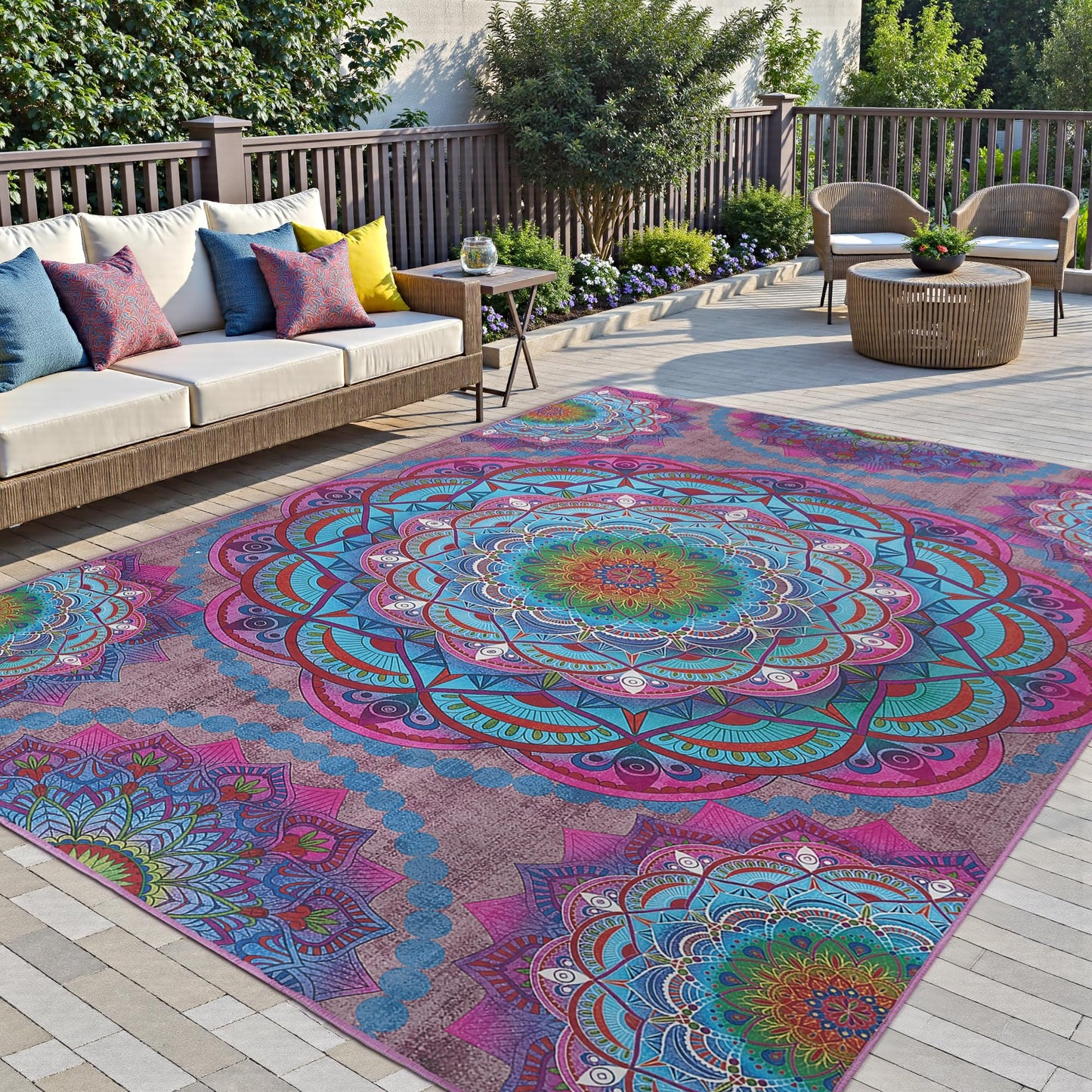 Arenarug Meditation Indoor Outdoor Rug 4x6 ft Mandala Pattern Rug Boho Style,Yoga Meditation Mat Picnic Rug for Patio Living Room Porch Garden Deck Backyard Easy to Clean Non Shedding Non-Slip