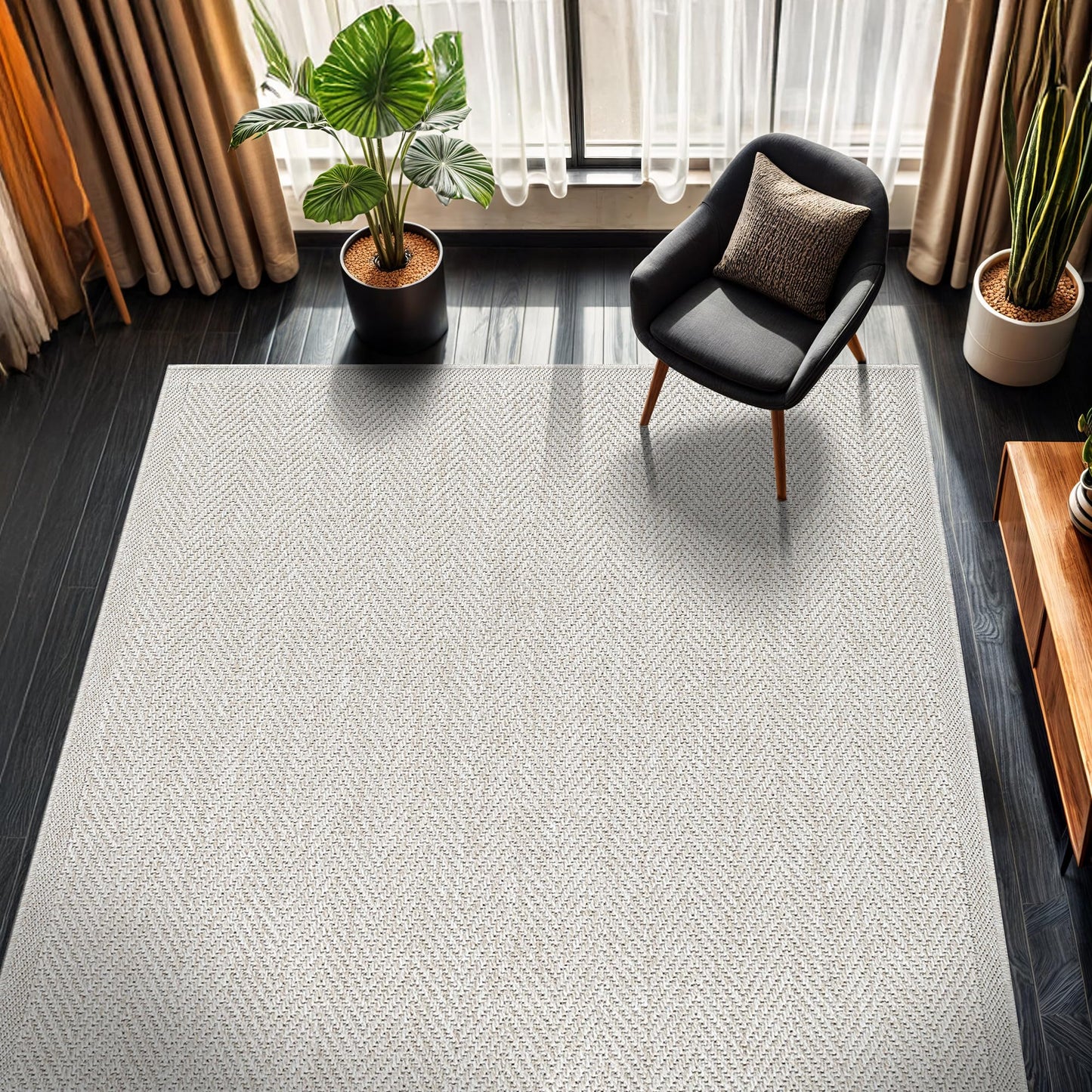 CAMILSON Easy Jute Rug 9x12, Indoor Outdoor Off-White Color Fiber Area Rugs for Living Room and Patio Rug Herringbone Seagrass Boho Woven Design Easy-Cleaning Washable Outside Carpet Alfombras 9 x 12