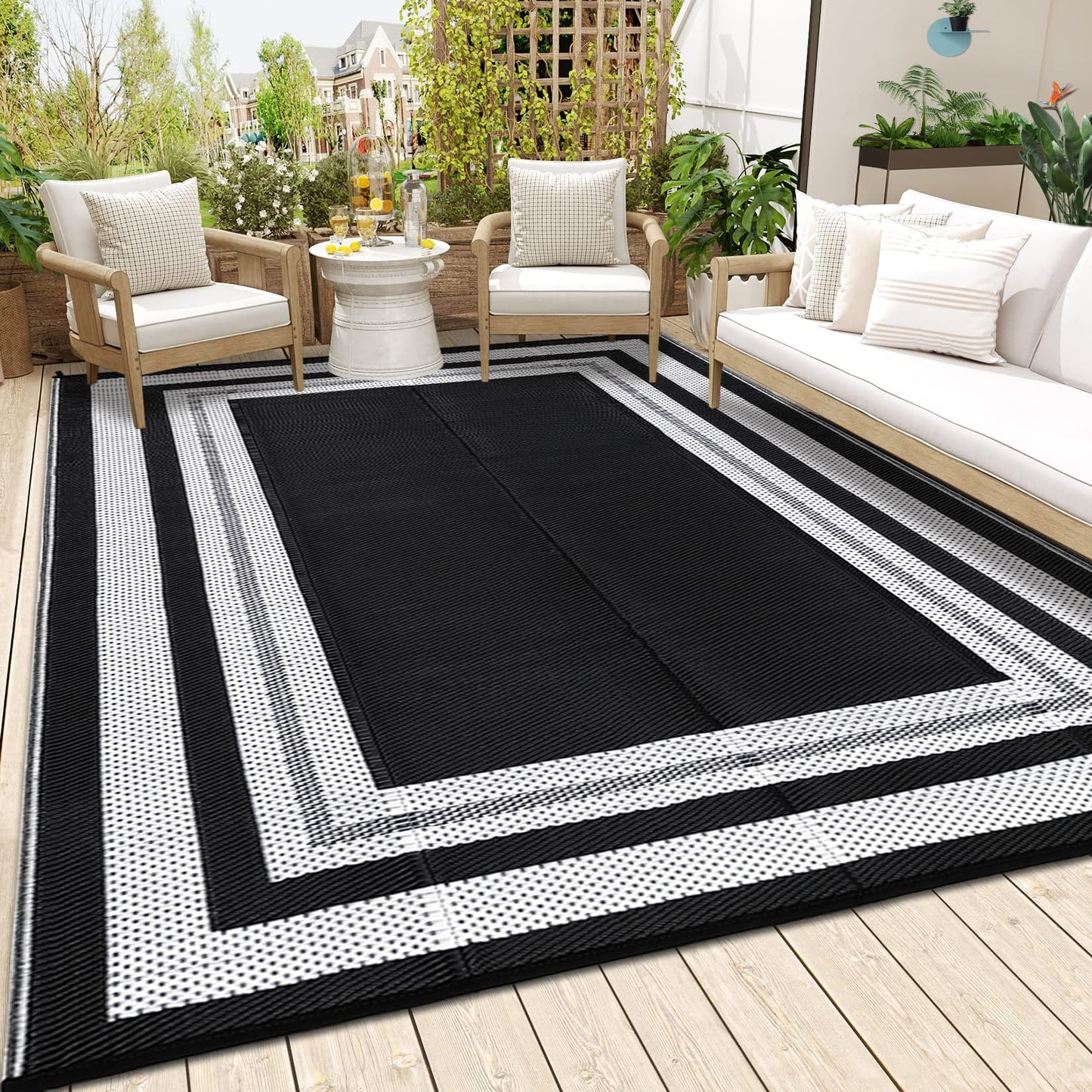 IDEALHOUSE Outdoor Rug, 320GSM Thick PP Woven, Modern Border A, Reversible Foldable, Lightweight Anti Scuff, Decorative Floor Mat for Patio Balcony Camping, Black White 10x14ft