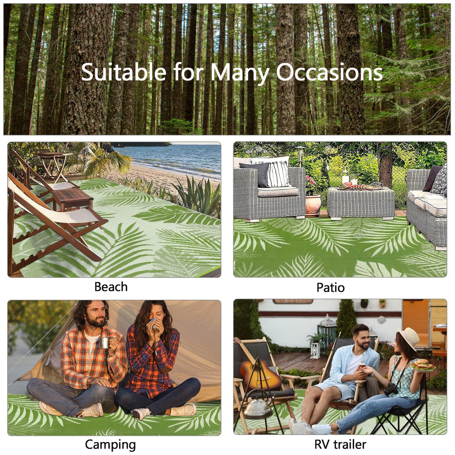 Cekene Outdoor Rugs 6’x9’ Waterproof Outdoor Patio Rug Green Reversible Mats Lightweight Plastic Straw Rug with Carry Bag Portable RV Camping Mat Modern Outdoor Area Rug for Patio Deck Picnic