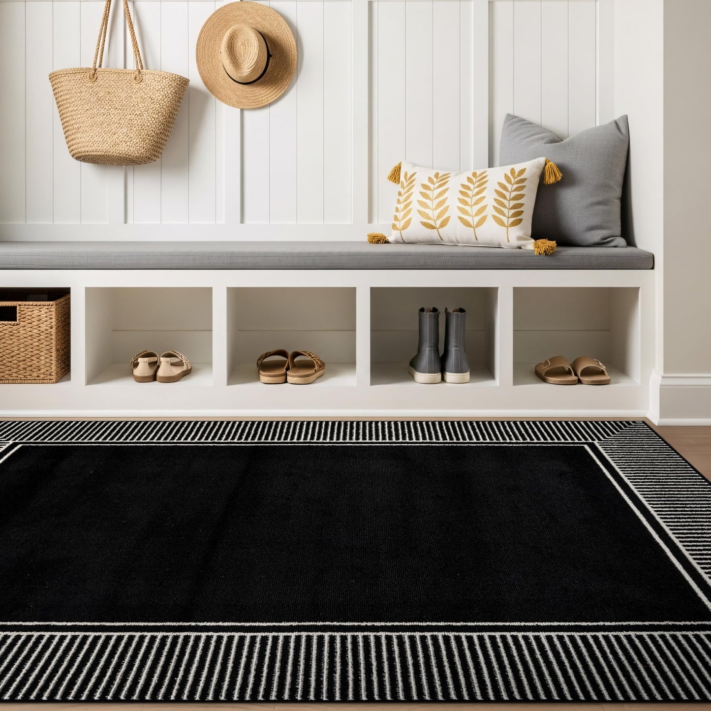 Rugshop Modern Distressed Bordered Indoor Area Rug for Living Room,Bedroom,Kitchen Rug Low Pile Rug with Jute Backing 5' x 7' Black