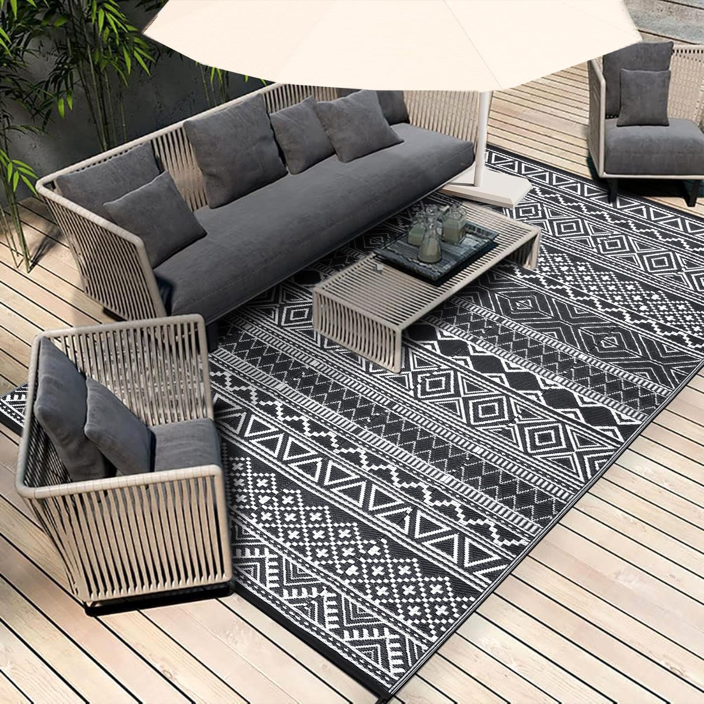 GAOMON Outdoor Plastic Straw Rug, 10'x14' Reversible Sage Green Patio Mat, Flower Modern Design for RV, Backyard, Deck, Camping, Picnic, Black/White(Bohemia)