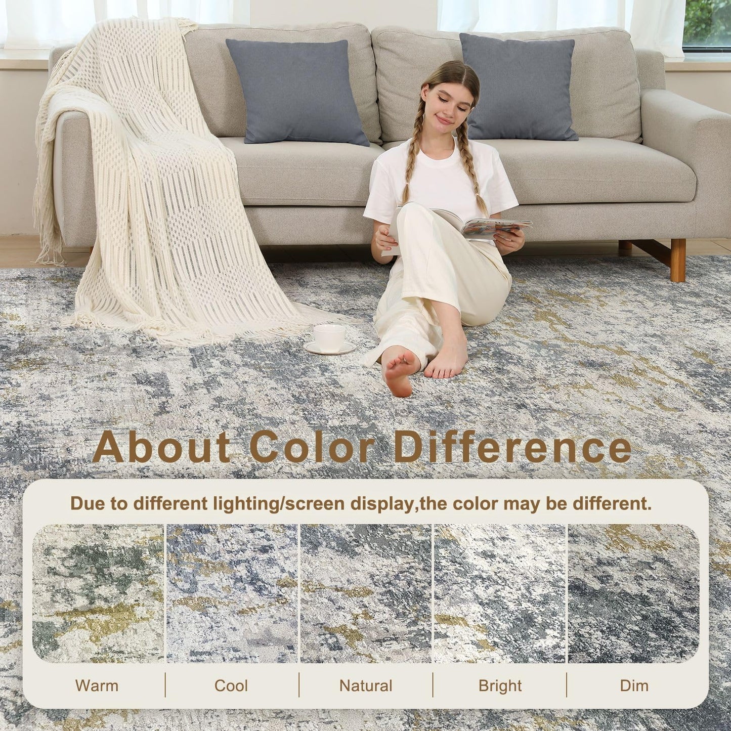 kakania 10x14 Washable Area Rug: Abstract Modern Non Slip Soft Low Pile Carpet, Easy Clean Polyester Kid Pet Friendly, Thin Rug for Living Room Bedroom Kids Dorm Office, Robot Vacuum - Blue Grey