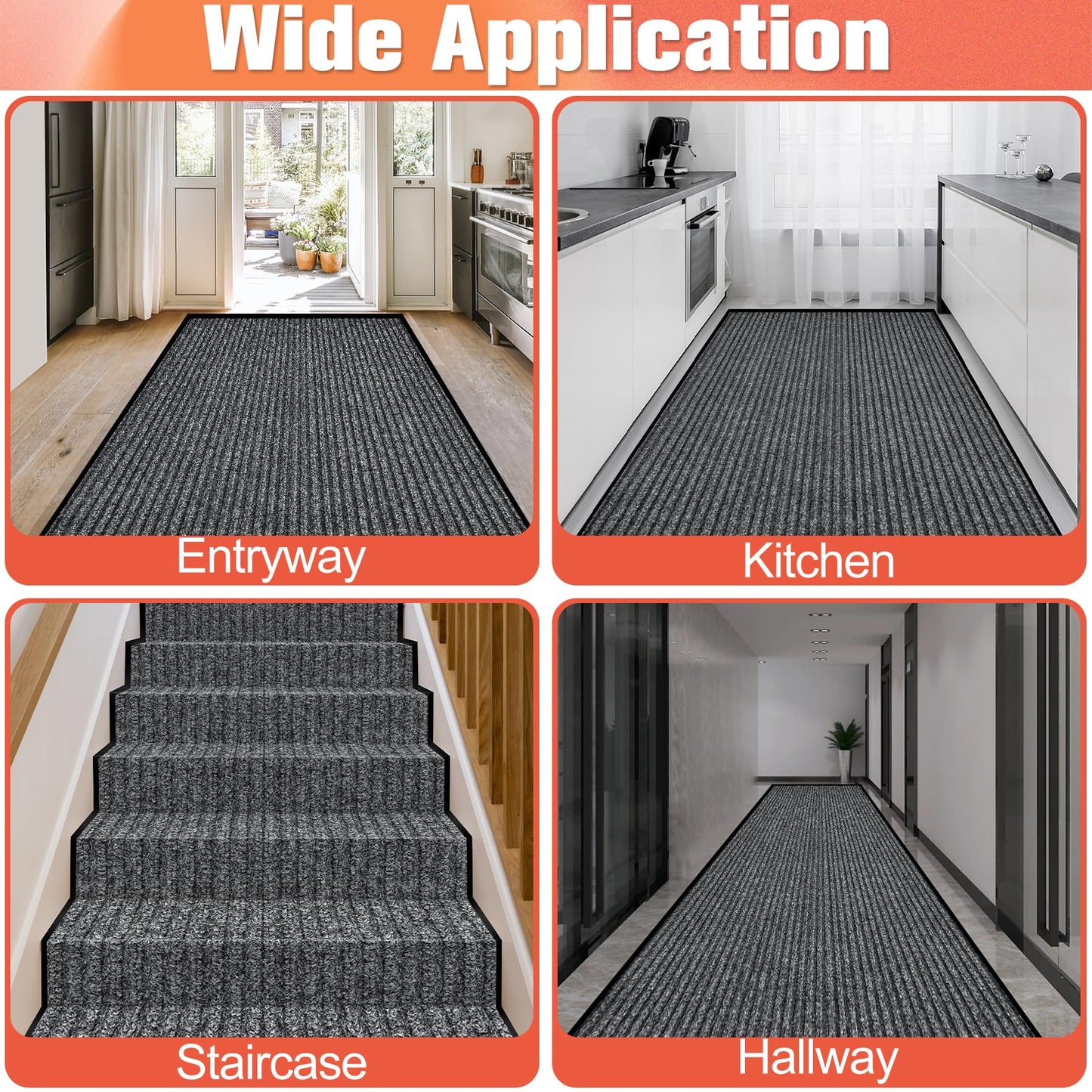 MYFAMIREA Commercial Floor Mat 3' x 10' Extra Large Front Door Industrial Rug Heavy Duty Brush Step Entrance Mat Weather Utility Rug with Non Slip Rubber Backing Low Profile for Entryway,Charcoal Grey