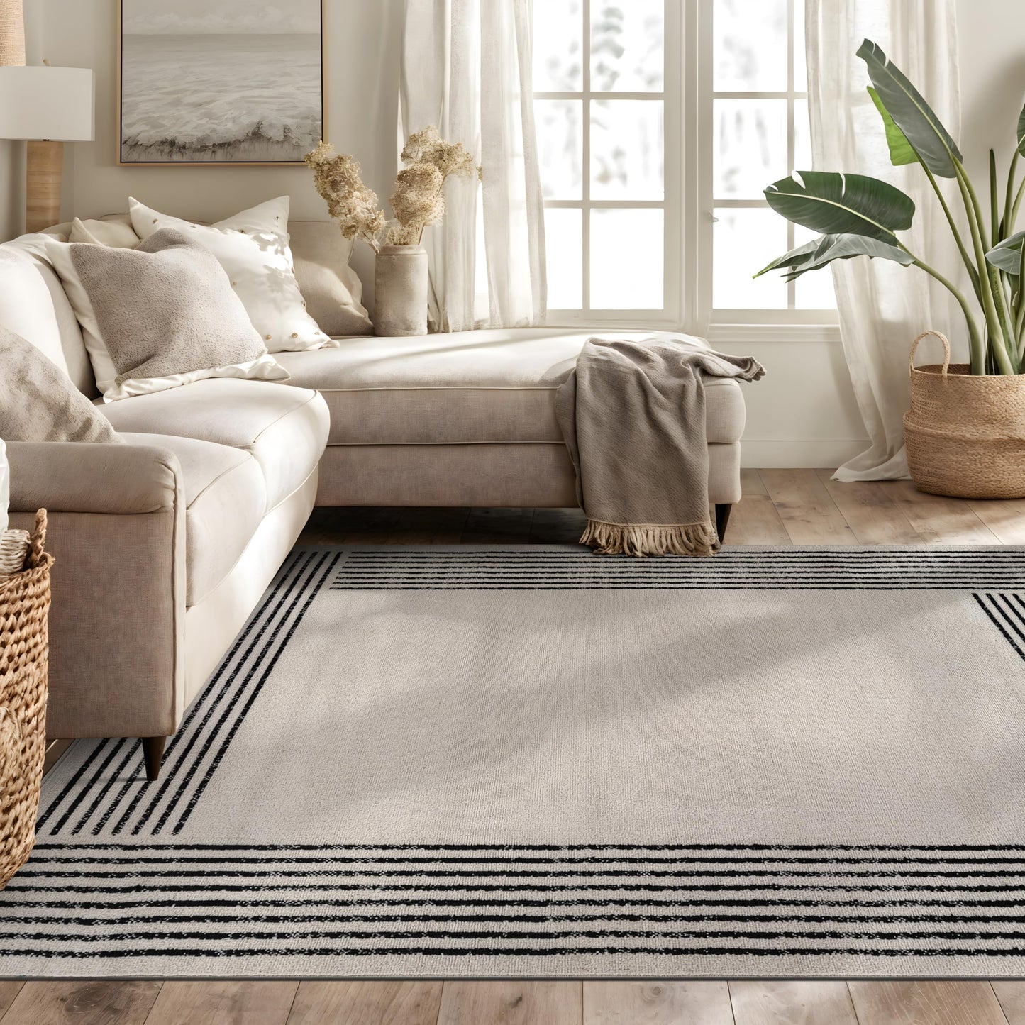 Rugshop Modern Minimal Bordered Indoor Area Rug for Living Room,Bedroom,Kitchen Rug Low Pile Rug with Jute Backing 5' x 7' Cream