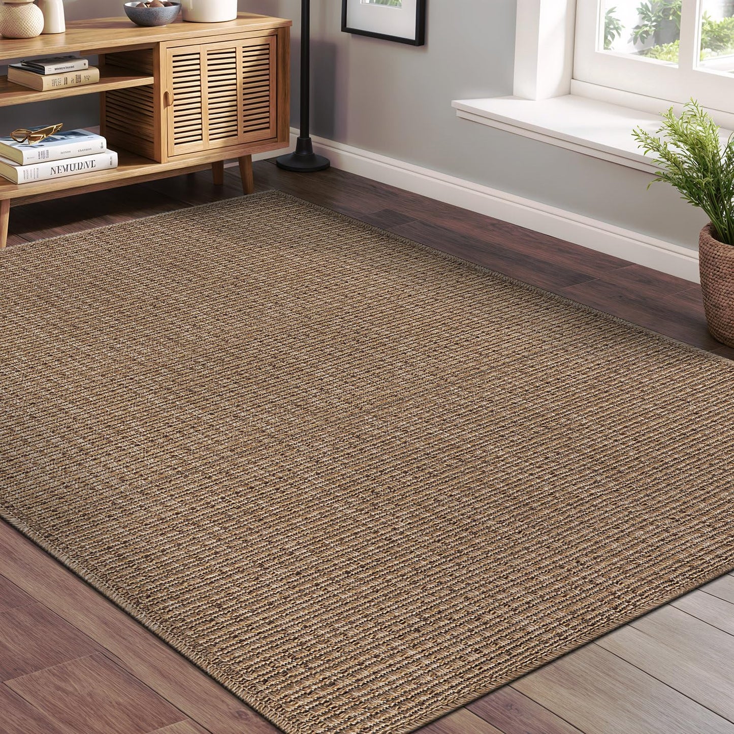 Beverly Rug Easy Jute Natural Rug 6x9 Solid Washable Durable Outdoor Indoor Area Rugs for Living Dining Room Patio Office Stain Resistant Non Shedding Casual Indoor Outside Carpet (6 x 9 Natural)