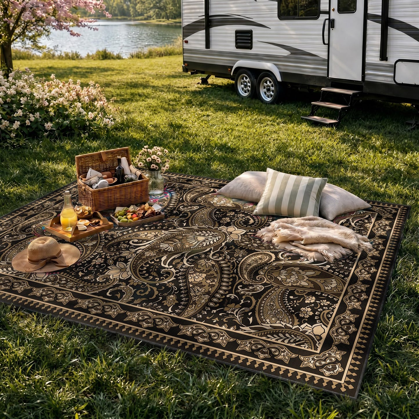 Arenarug Paisley Outdoor Rug Waterproof 5x8, UV Resistant Non Slip Patio Rug, Indoor Outdoor Boho Camping Rug Linen-Look RV Carpet for Deck Balcony Backyard, Taupe